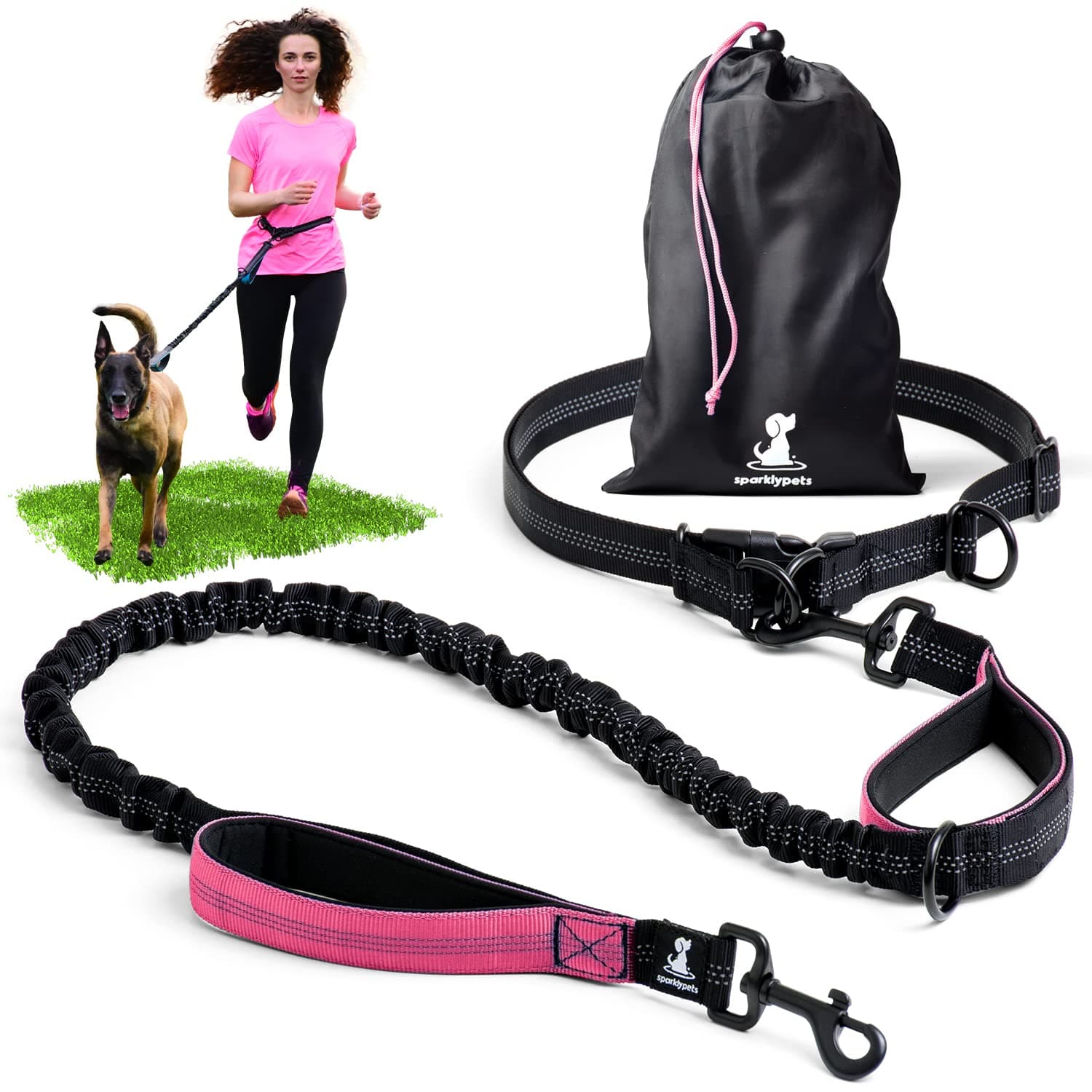 SparklyPets Flash Sale -Hands-Free Dog Leash for Medium and Large Dogs Professional Harness with Reflective Stitches for Training, Walking, Jogging and Running Your Pet (Pink)