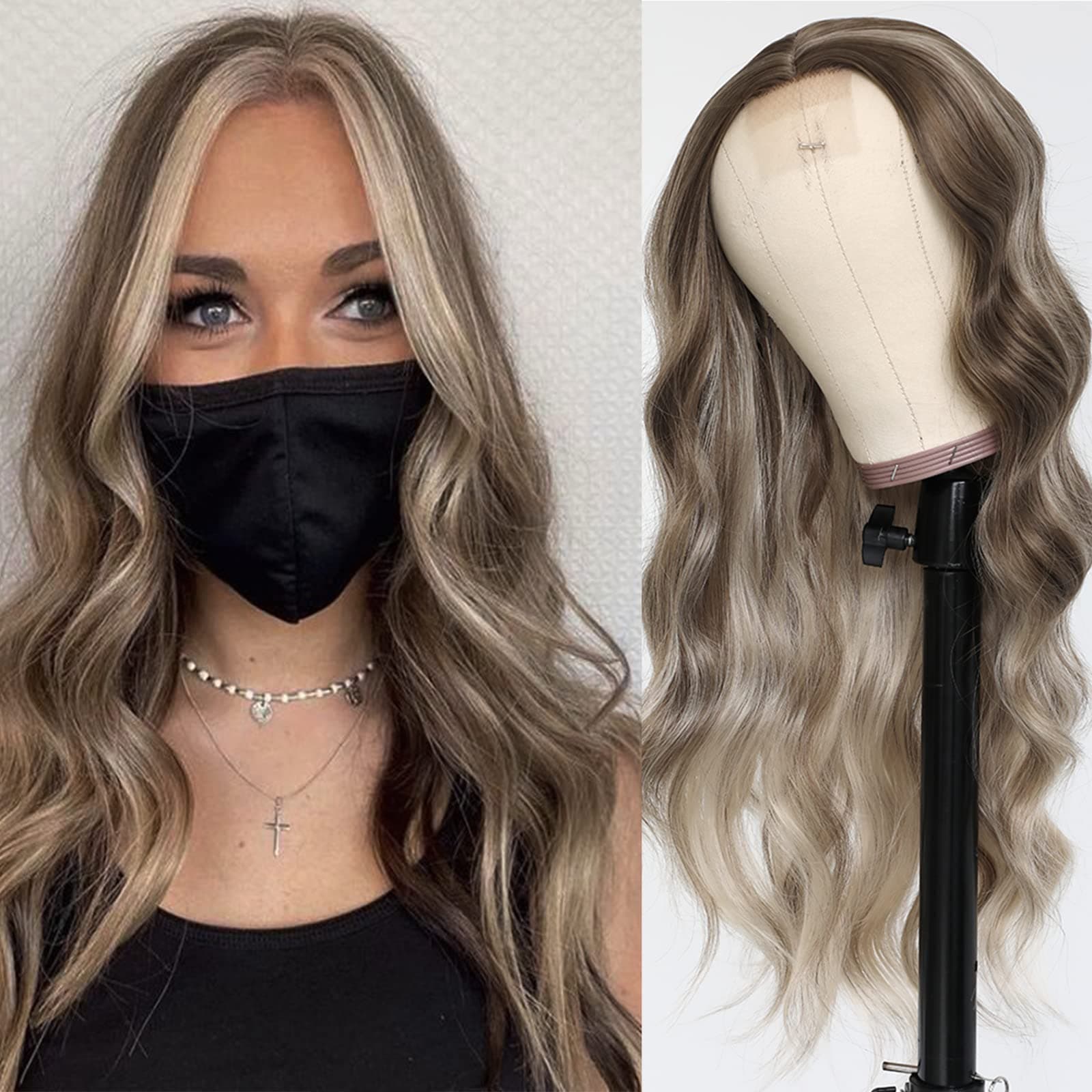 TaBeWayLong Wavy Ombre Ash Blonde Synthetic Wig for Women Highlight Blonde Wave Middle Part Natural Hair Heat Resistant Synthetic Hair Wigs for Daily Party Use