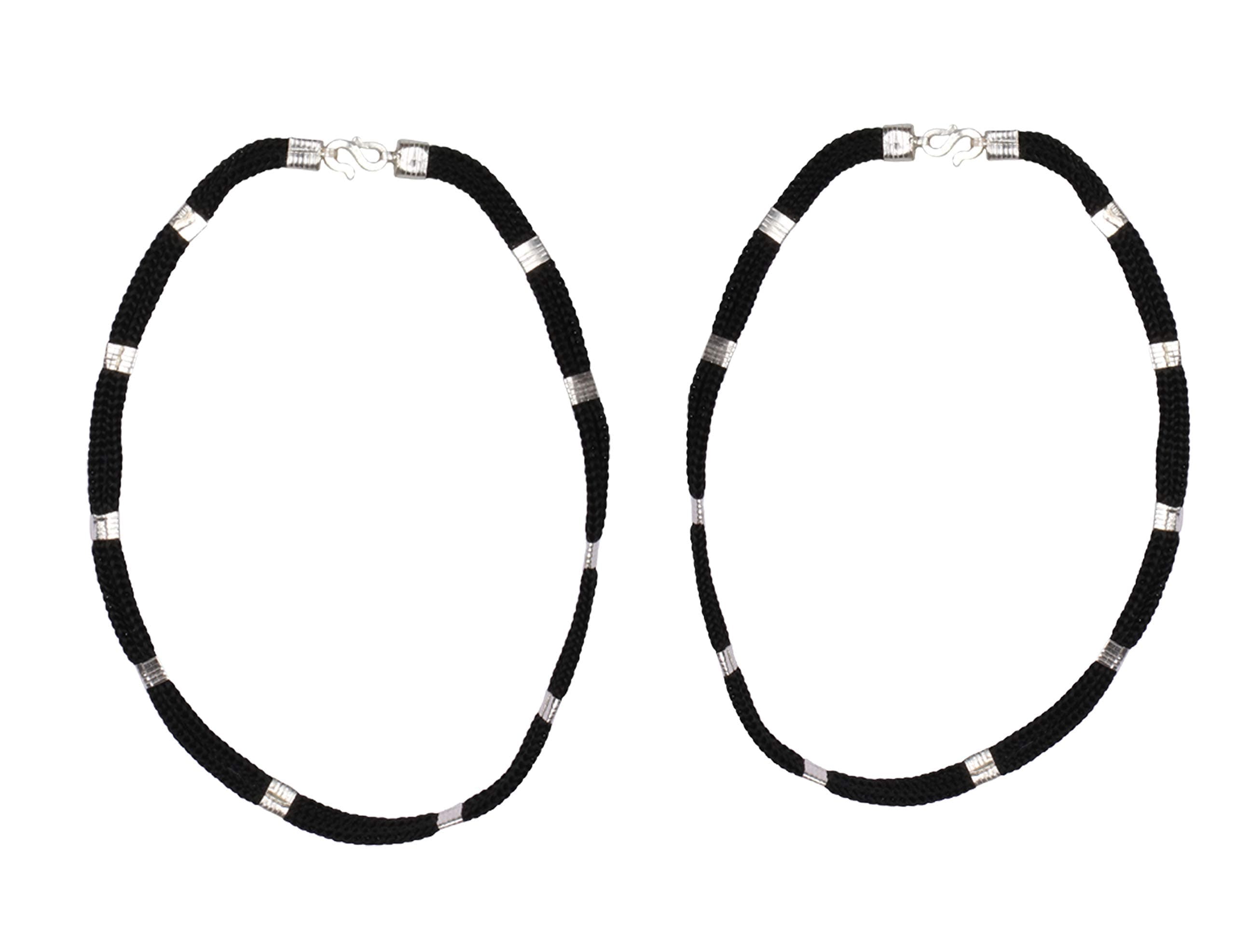 SHRINE Pair of Pure 92.5 Silver Chandi Classic Style Black Thread Anklets Payal for Women & Girls Stylish Look 10 inch (Silver & Black)