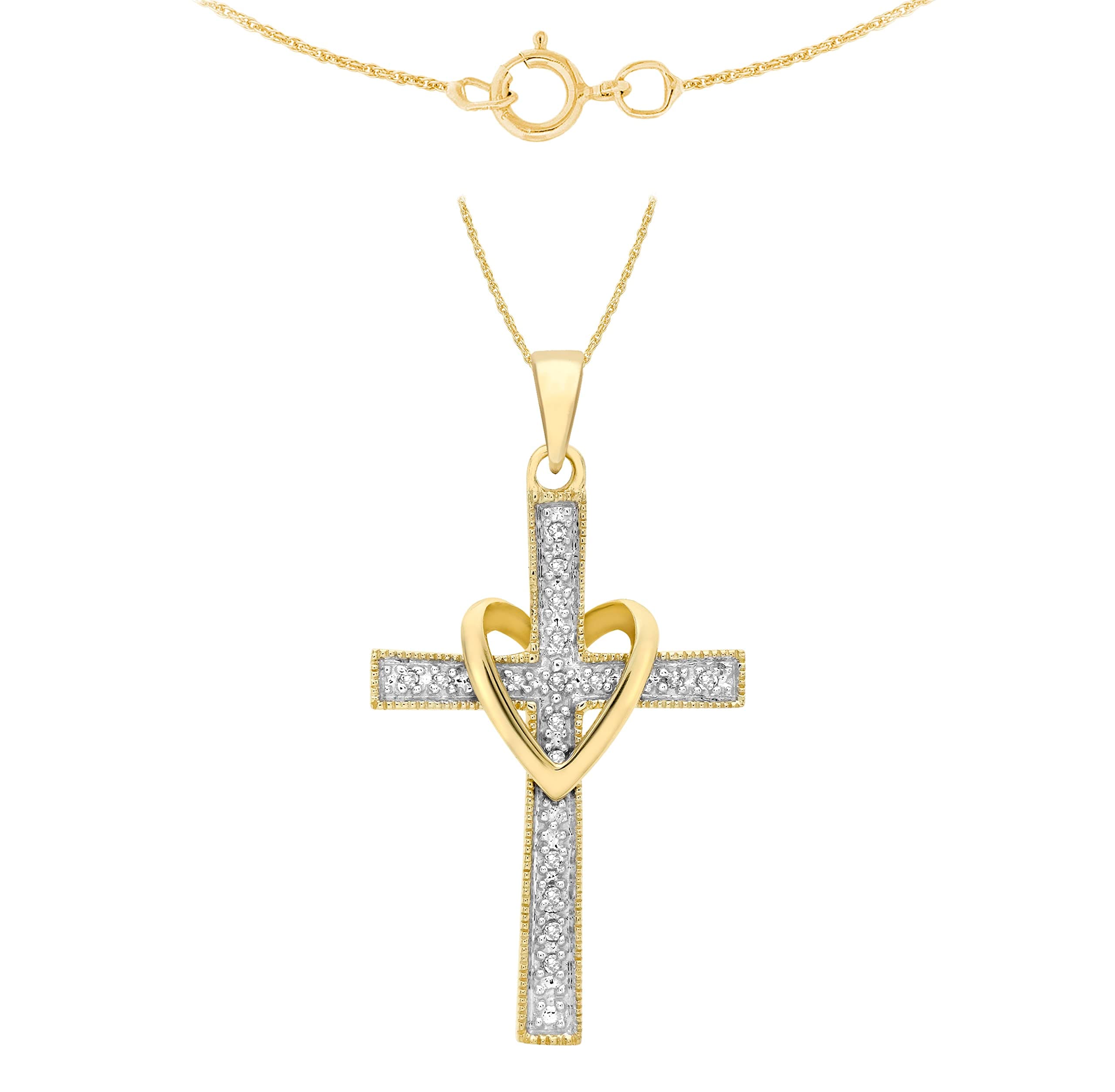 CARISSIMA Women's 9 ct Yellow Gold Diamond and Heart Cross Pendant on 0.4 mm Prince of Wales Chain Necklace of Length 46 cm/18 Inch