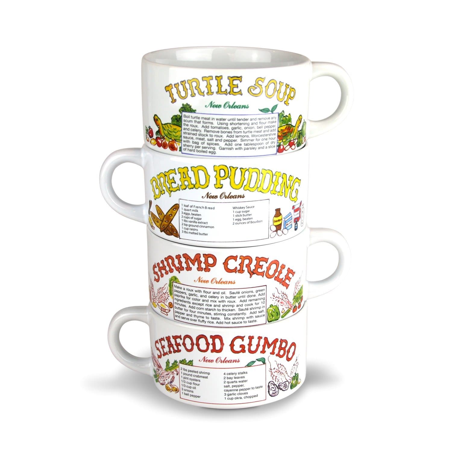 Recipe Gumbo Bowl Set of 4 -Turtle Soup, Shrimp Creole, Seafood Gumbo, Bread Pudding