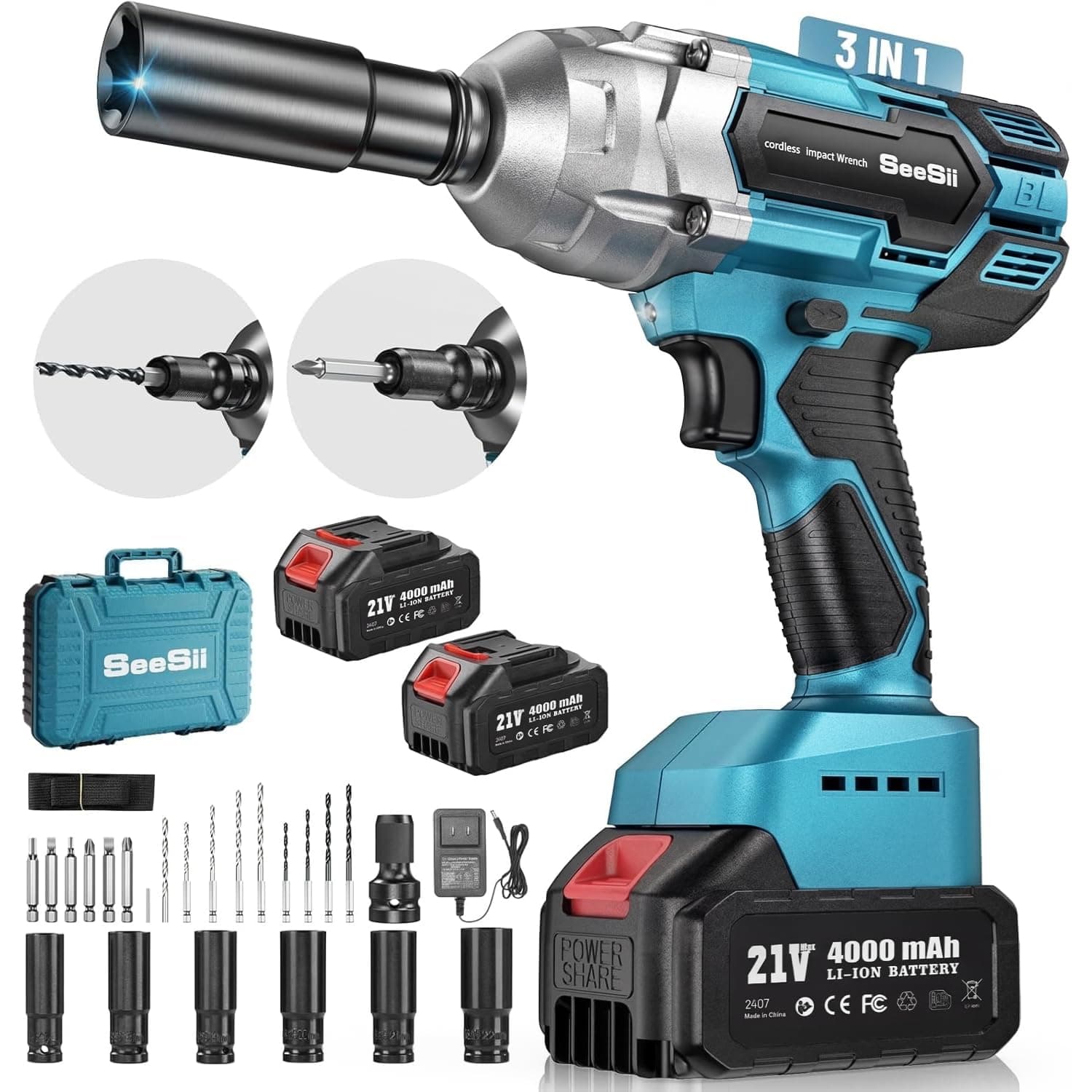 Seesii Cordless Impact Wrench 1/2 inch, High Torque 479 Ft-lbs(650Nm) Brushless Impact Gun,2500RPM w/2x4.0 Battery, 6 Sockets,8 Drill Bits, High Torque Power Impact Driver for Car Home,WH700