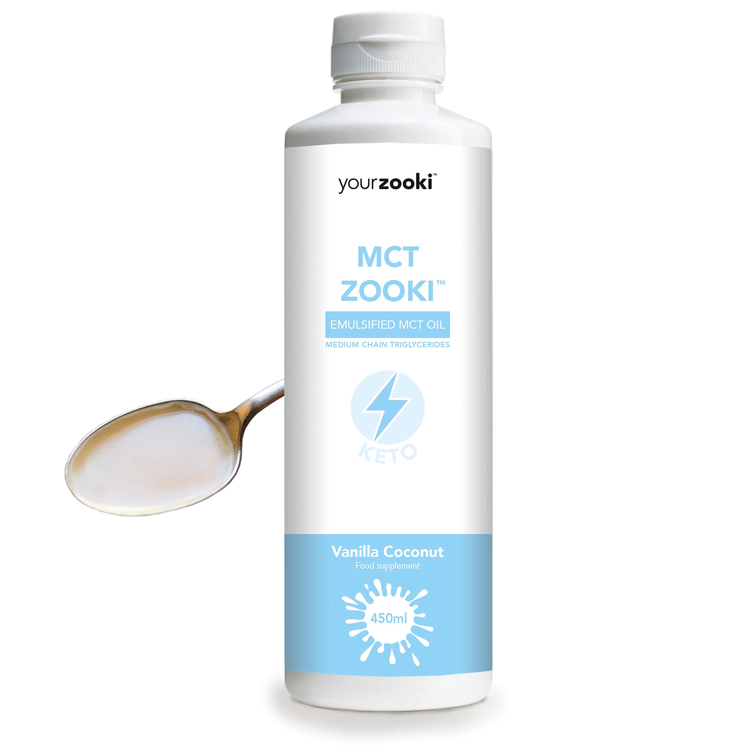 Emulsified MCT Oil, Vanilla Coconut | 100% Coconut C8+C10 Medium Chain Triglycerides | Pure Natural Energy from Healthy Fats | Sugar Free, Sustainably Sourced | 450ml Bottle | MCT Zooki by YourZooki