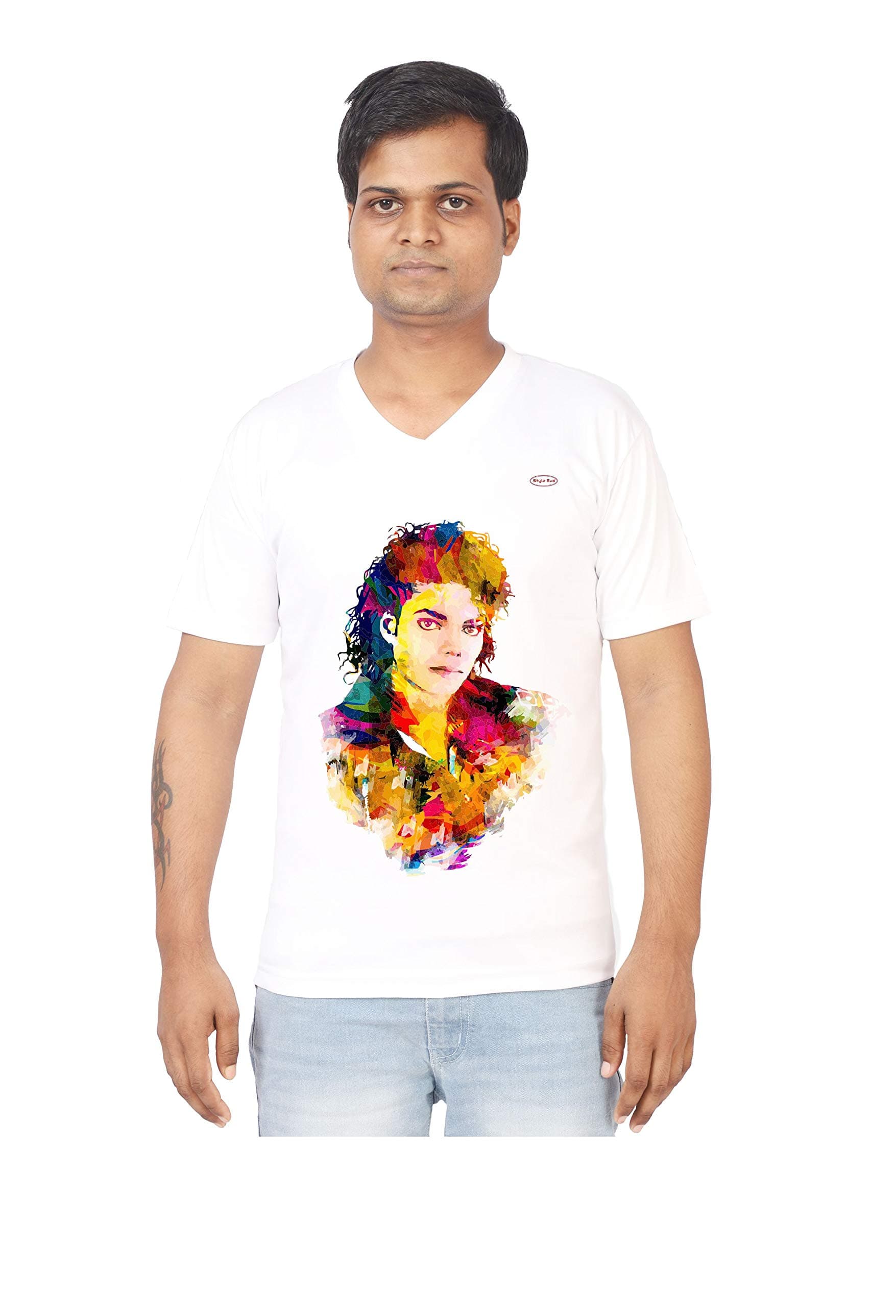 Style EvaWhite Polyester | 292 - Michael Jackson | Michael Jackson Printed Short Sleeve V Neck T-Shirt