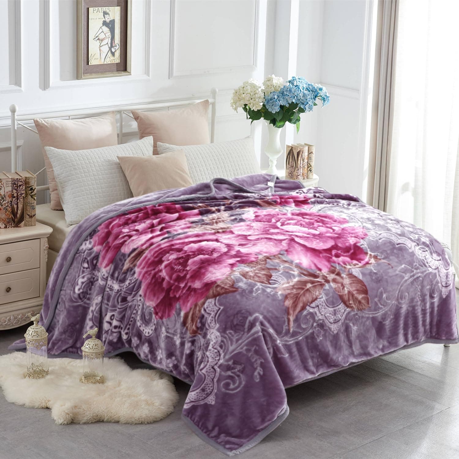 Queen Size Korean Mink Blanket, 5 LB Fleece Bed Blanket - 2 Ply Reversible 520GSM Silky Soft Plush Warm Blanket for Autumn Winter, A&B Pattern Printed, (Queen 75"x87", Light Purple Peony/Peony)