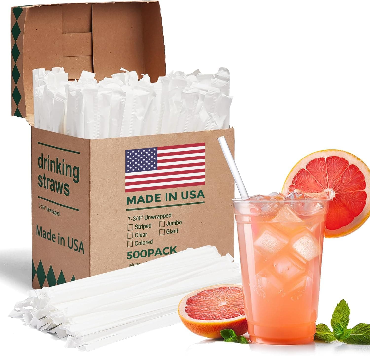 Glotoch Express 500PCS Individually Wrapped Clear Plastic Straws, 7.75'' Long, 0.24'' Diameter Disposable Drinking Straws for Every Occasion, Party, Made in USA