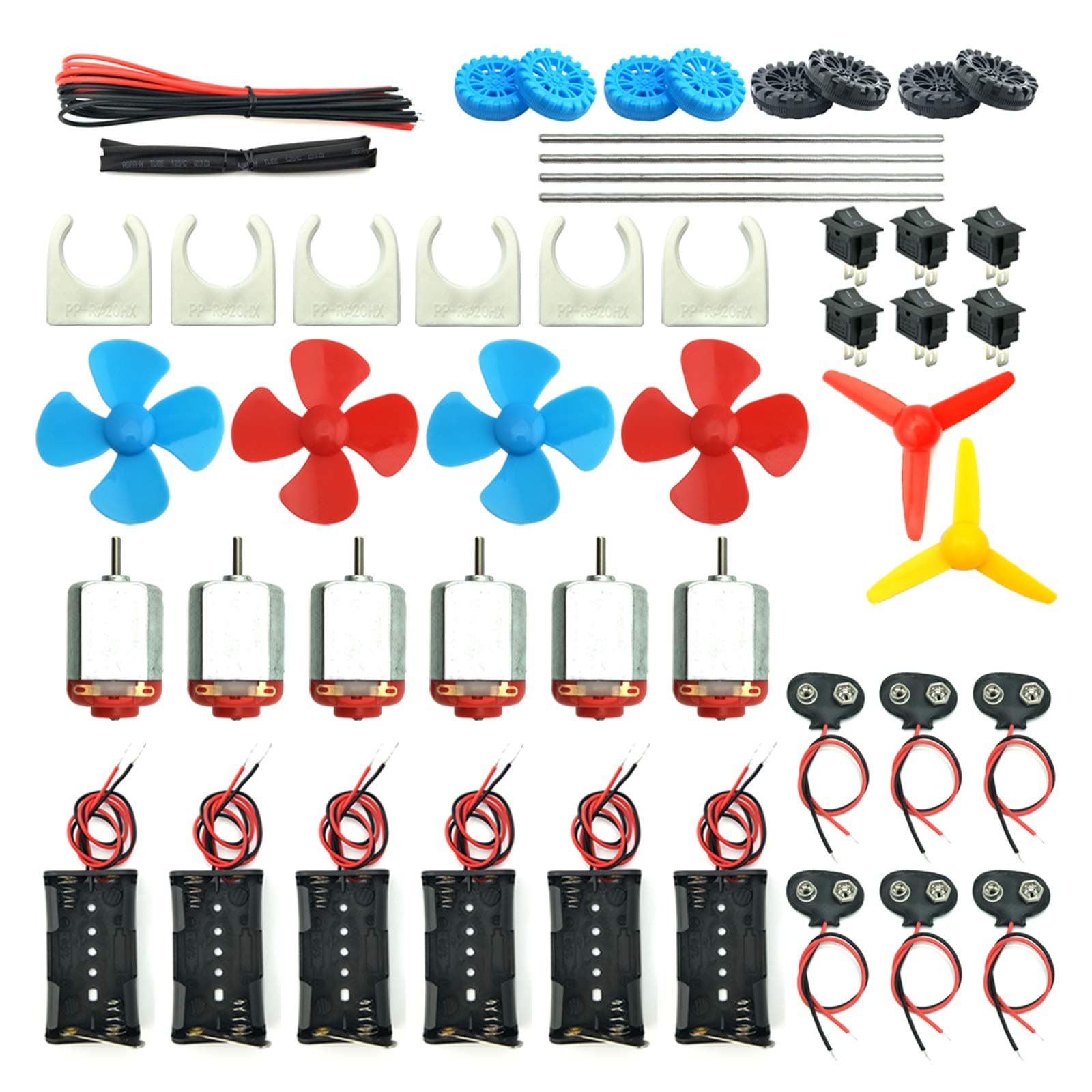 6 Set DC Motors Kit, Mini Electric Hobby Motor 3V -12V 25000 RPM Strong Magnetic with Shaft Propeller, 2 x AA Battery Holder,9V Battery Clip Connector,Plastic Wheels for DIY Science Projects