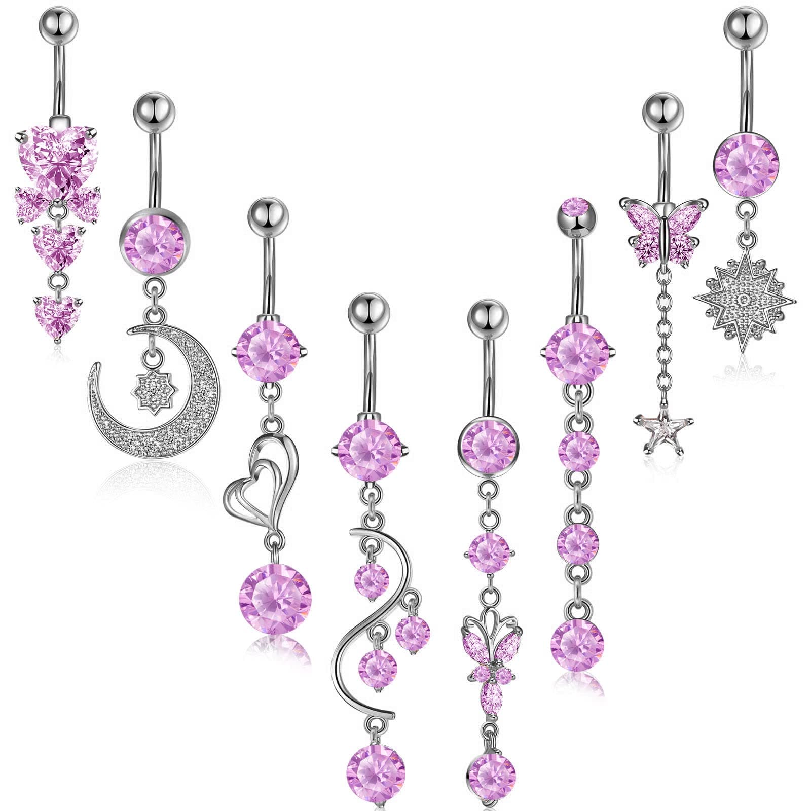 Hicarer8 Pieces 14G Belly Button Rings Steel Long Dangle Navel Ring CZ Body Piercing Jewelry