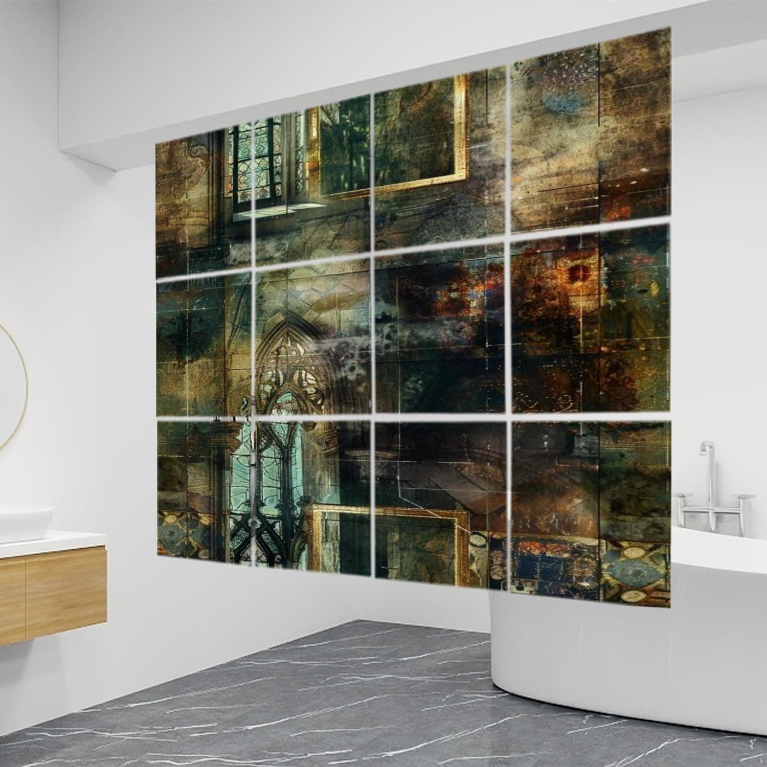 12 PCS Hanging Room Divider Abstract Stained Glass Collage Geometric Patterns Decorative Solid PVC Board Screen Panels Room Partition Wall Screen Panels for Bedroom Living Dining Room