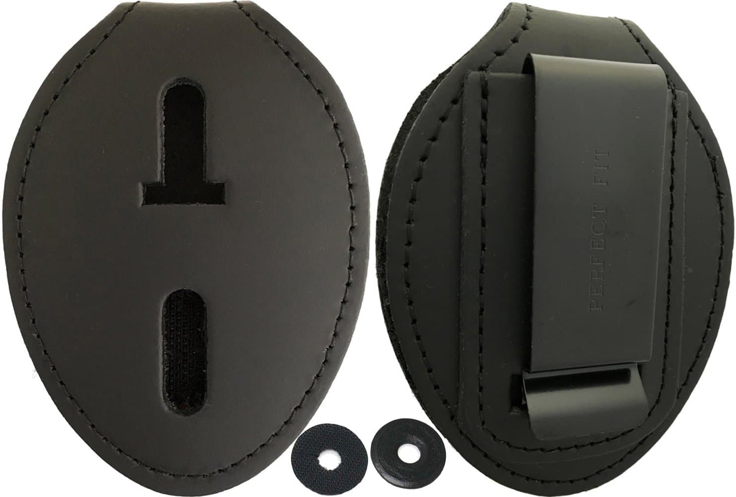 Oval Police Badge Holder Belt Clip - Optional to Use Around The Neck - Black Leather with Badge Polishing Cloth - Perfect Fit USA