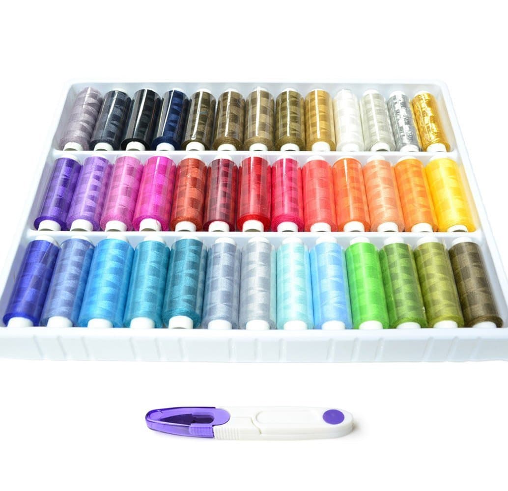 Conversancy39 Rainbow Colour Color 200 Yards Per Unit Polyester Sewing Thread Spool Set All purpose polyester domestic sewing knitting machine threads with golden and silver rayon embroidery with Yarn Cutter