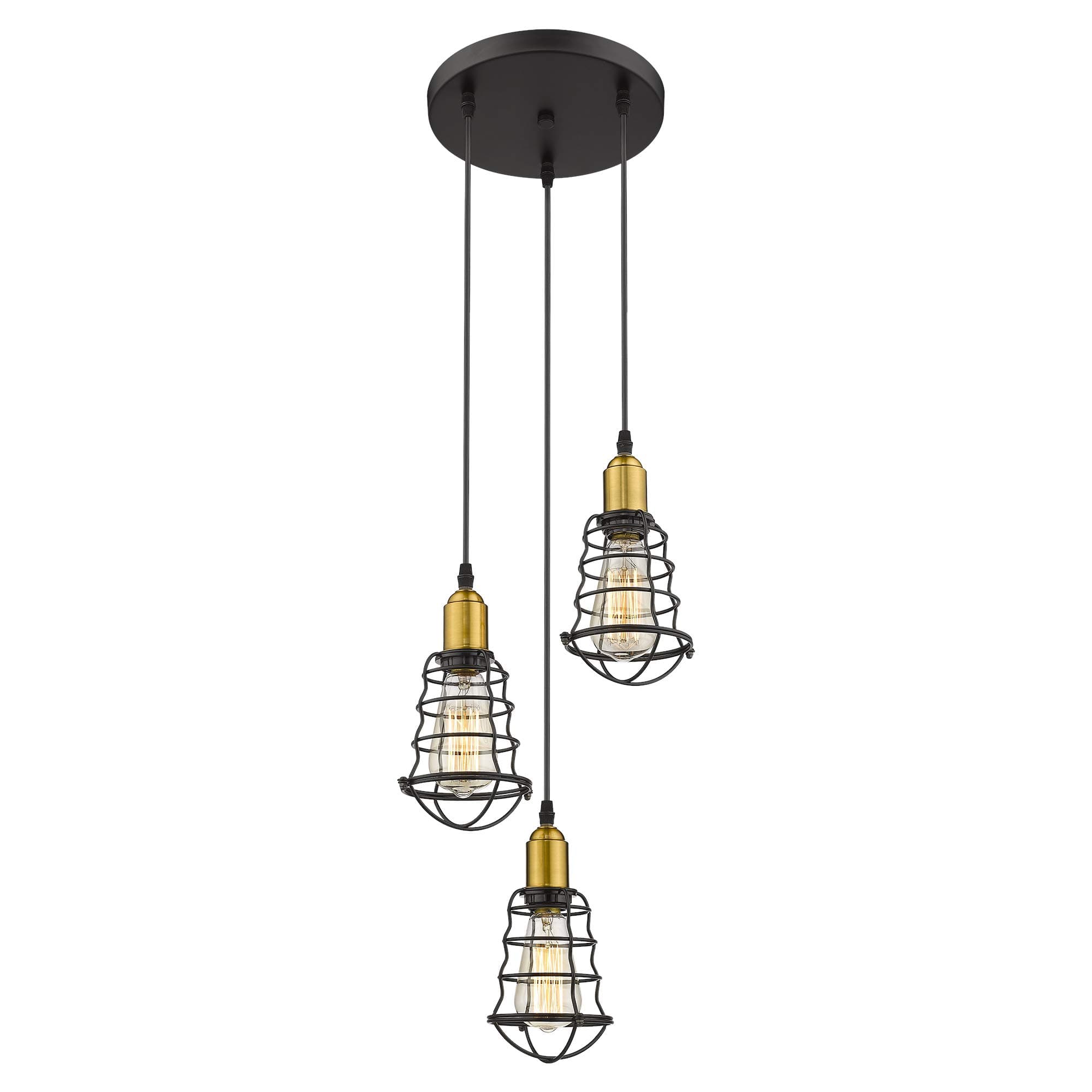 Industrial Kitchen Chandelier, 3-Light Hanging Pendant Lighting, Height Adjustable Island Lighting, Black and Antique Brass Finish