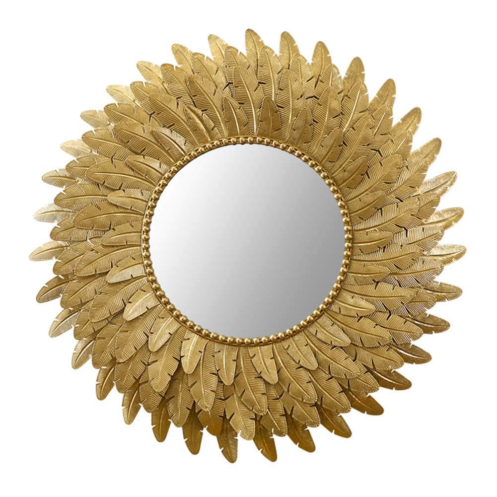Round Metal Decorative Beaded Accent Wall Mirror 3D Layered Feathers with Gold Foil Finish in Sunflower Design Hanging Mirrors for Hallway Bedroom Living Room, 37.7 Inch in Diameter
