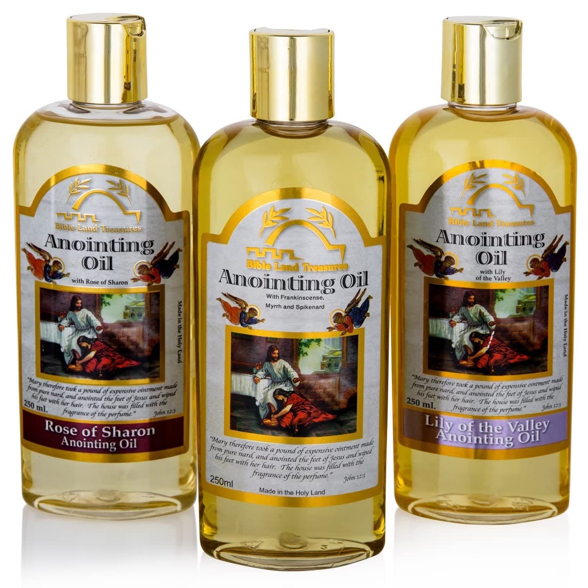 3 Bottle Set of Holy Land Treasures Anointing Oils, Biblical Oils with Lily of the Valleys, Rose of Sharon, Frankincense, Myrrh, and Spikenard, Anointing Oils from the Holy Land. 8.45 fl.oz | 250 ml