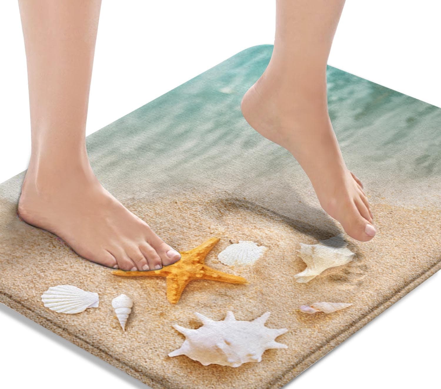 Bath Mat for Bathroom, Beach Starfish Sea Shell Washable Cover Floor Rug Carpets Floor Mat Bathroom Decorations 16x24 Inches for Kitchen Bedroom Indoor