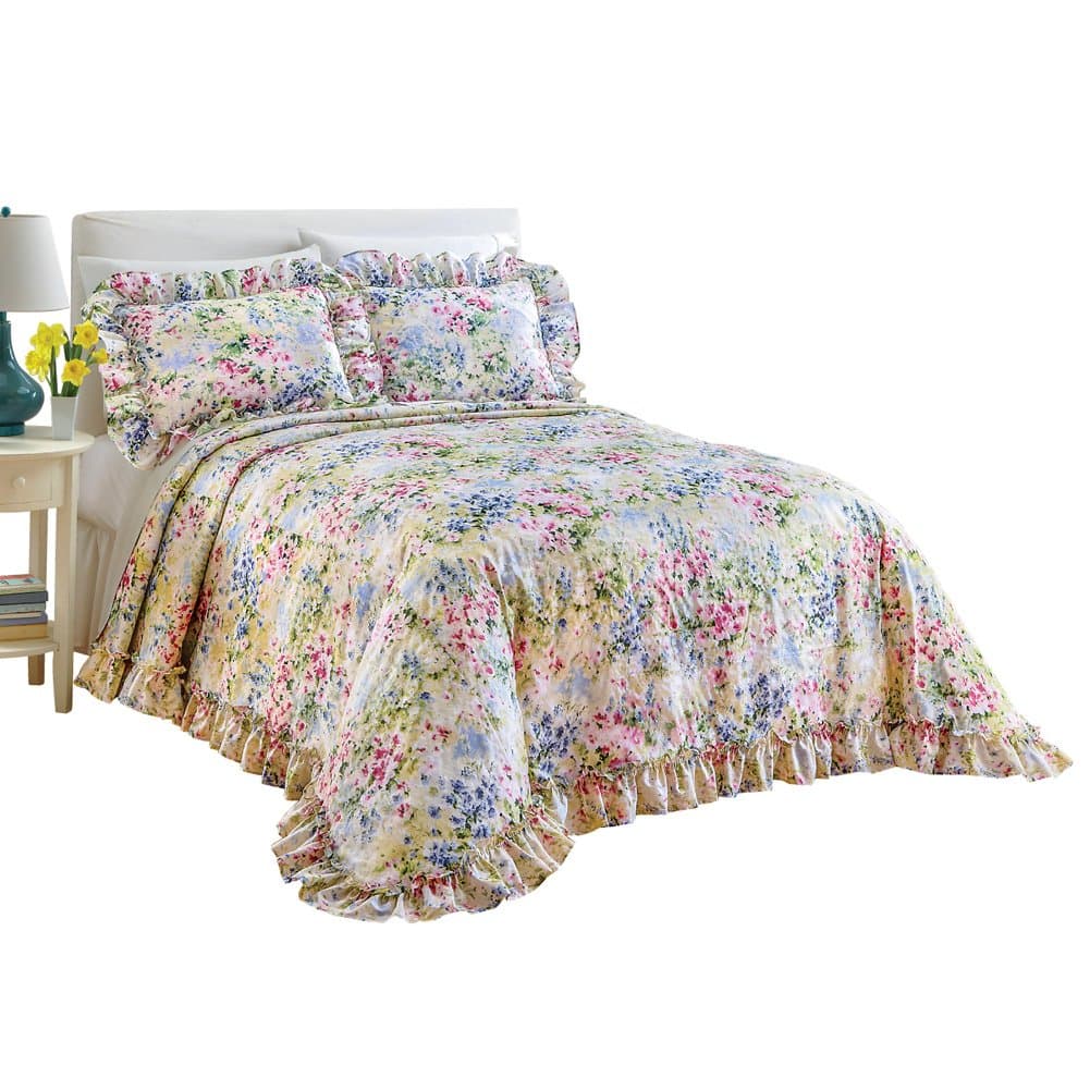 Collections Etc Floral Watercolor Gardenscape Lightweight Plisse Bedspread, Full