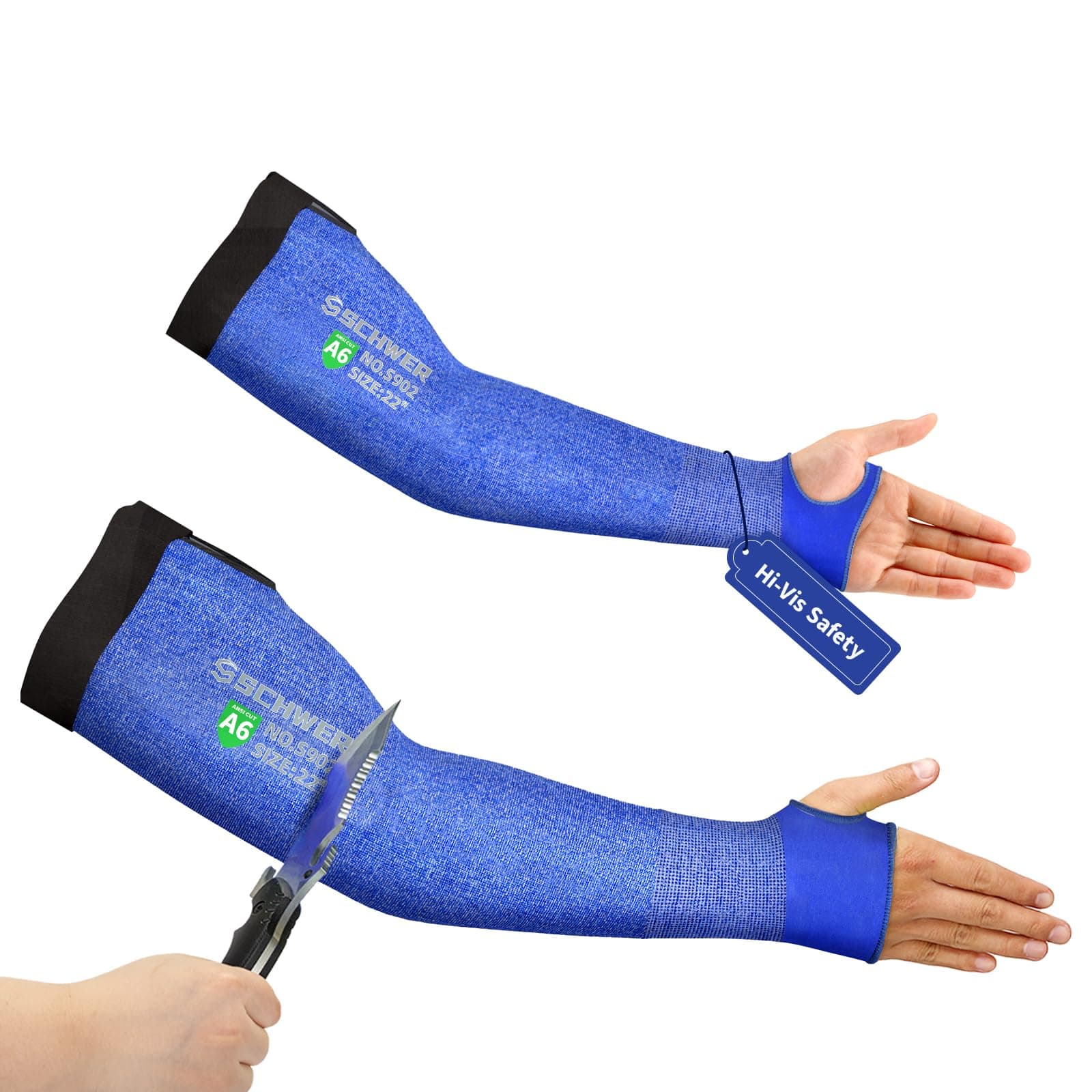 Schwer ANSI A6 Cut Resistant Sleeves, 22 inch Protective Arm Sleeves with Thumb Hole for Arm Work Protection, Arm Guards for Gardening, Cutting Metal, Repairing, Kitchen, Pet Grooming (1 Pair, Blue)