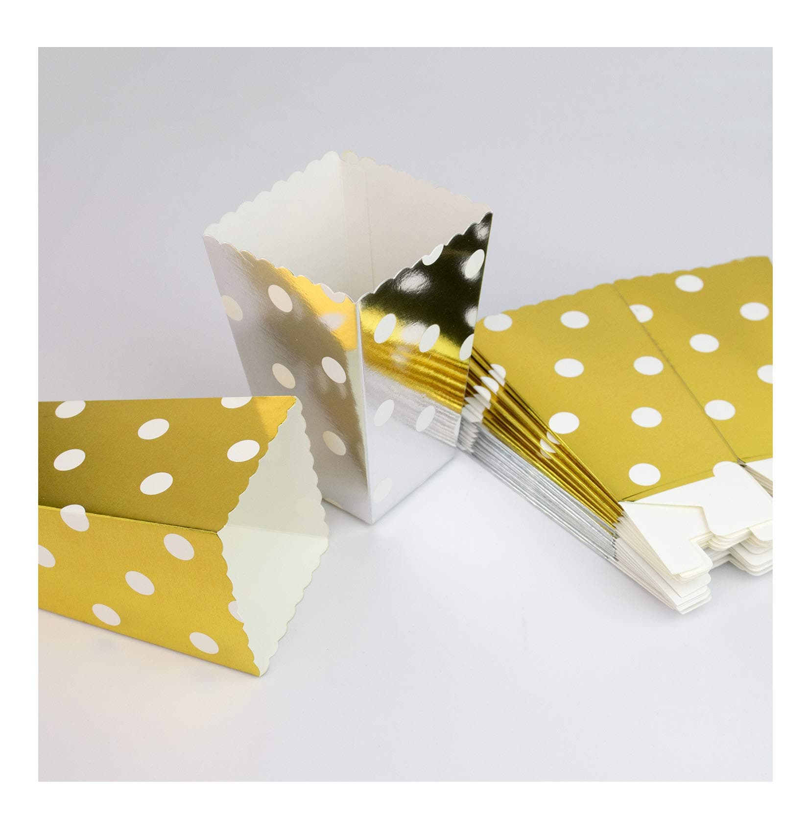 YouMeBest Mini Popcorn & Candy Favor Boxes for Birthday, Foil Gold Silver Polka Dot Paper Treat Boxes, 24PCS