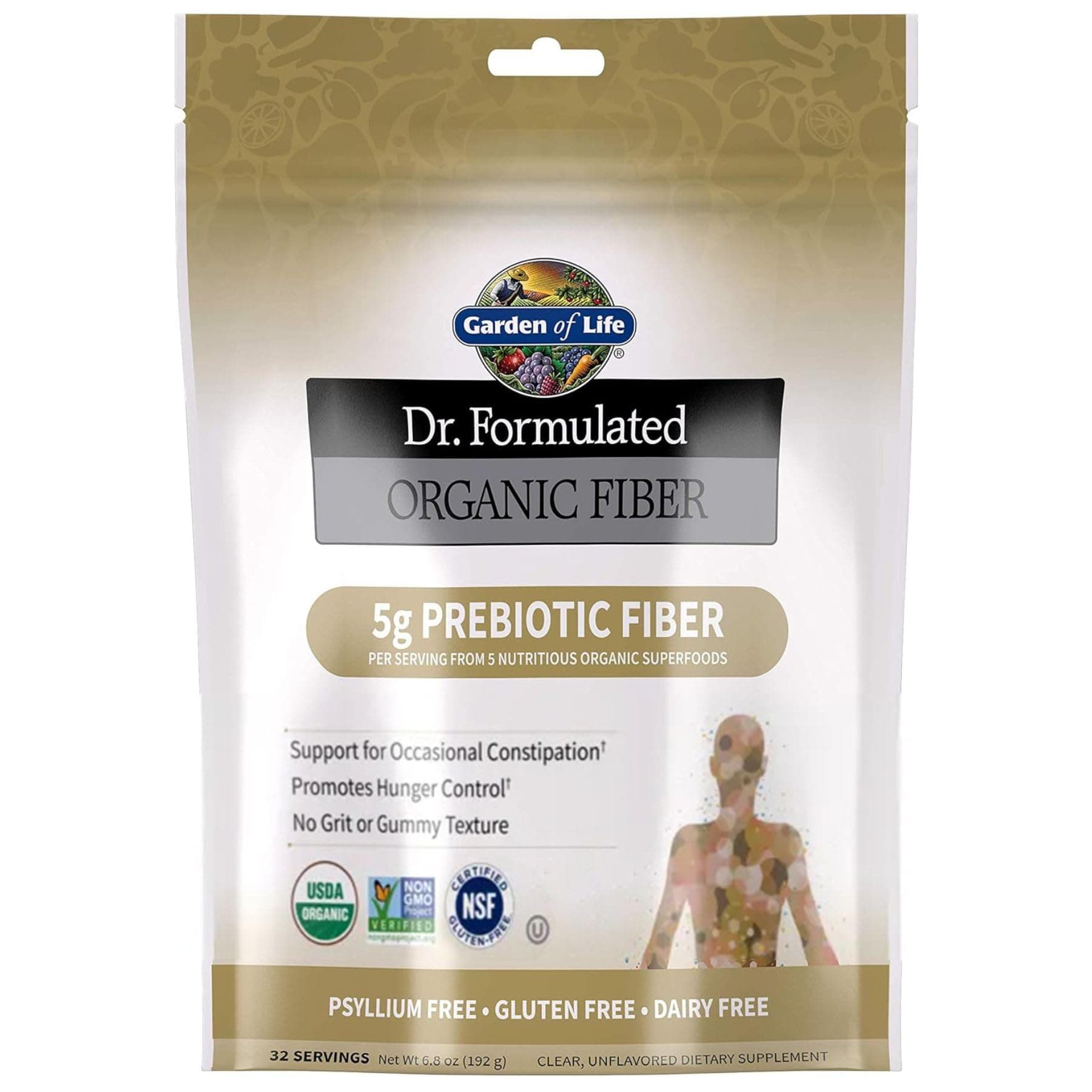 Dr. Formulated Organic Fiber Powder, Unflavored, Prebiotic Superfood Fiber Supplement, Constipation Relief, Psyllium Free, 32 Servings