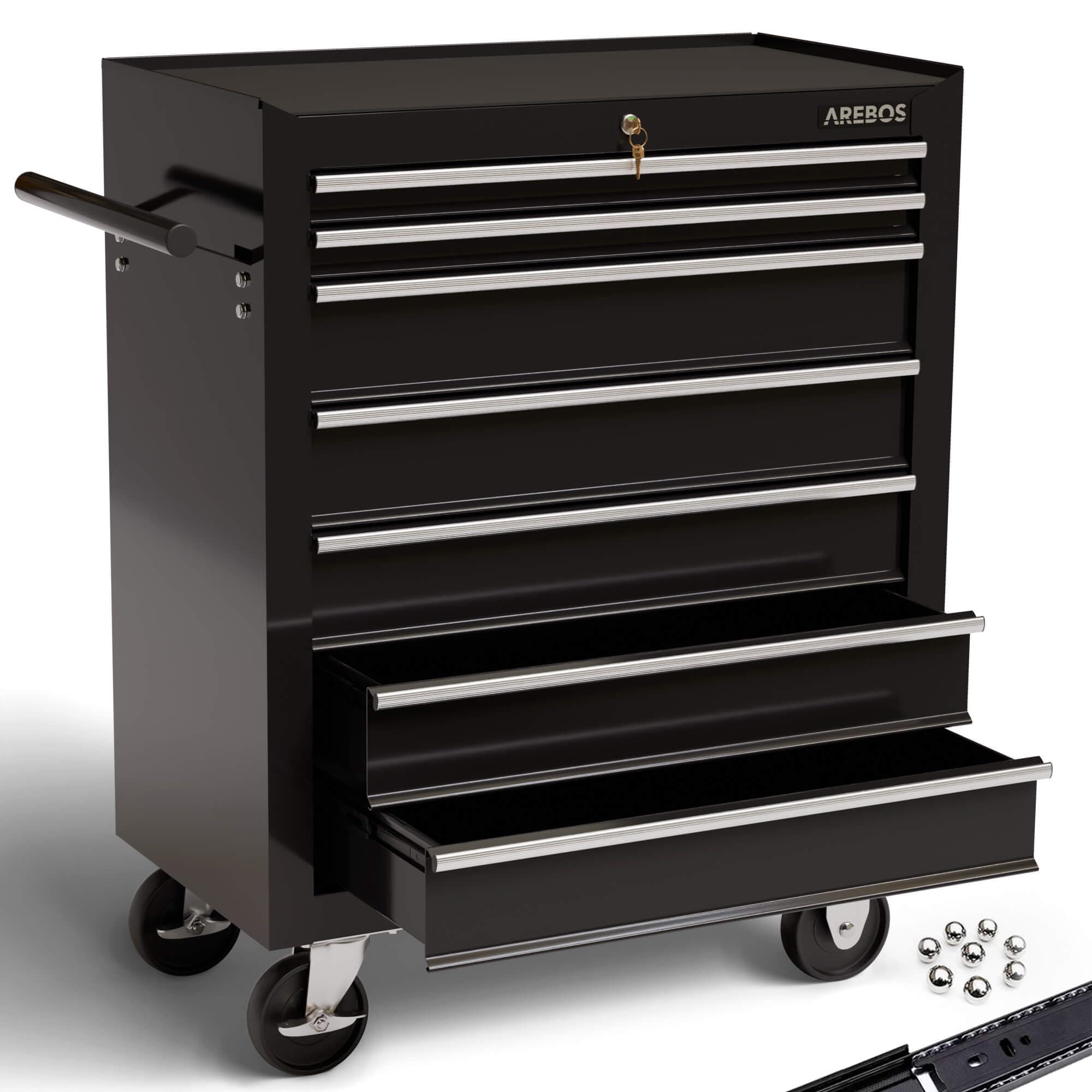 Arebos Tool Cabinet Workshop trolley 7 compartments | centrally lockable | incl. anti-slip mats | drawers with ball bearings | 2 castors with parking brake (black)