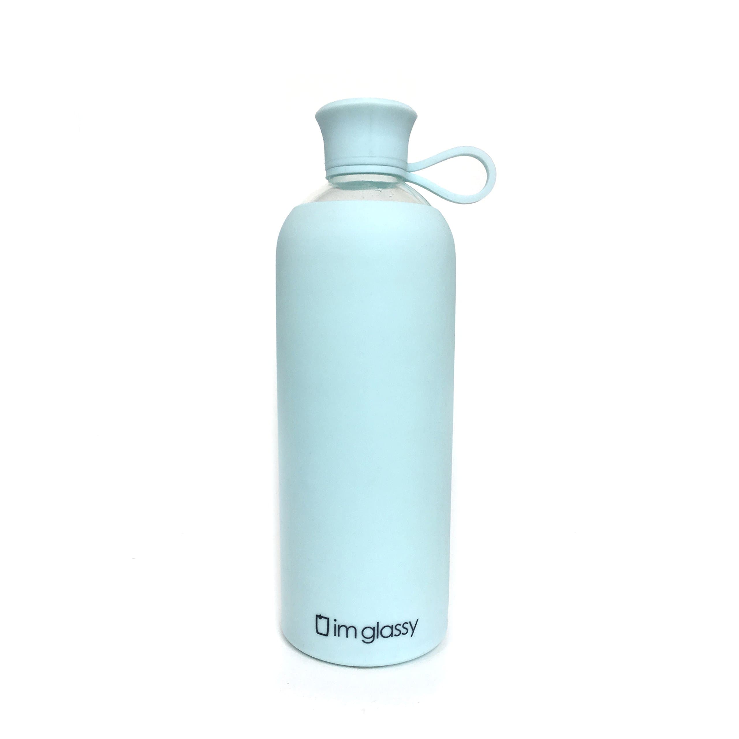 Plastic Free Glass Water Bottle with Silicone Sleeve - Glass Bottle Easy Cap 16 oz BPA Free Blue - Small Mouth Glass Flask Juice Iced Tea Liquor Bottle - Easy No Twist Open Lid