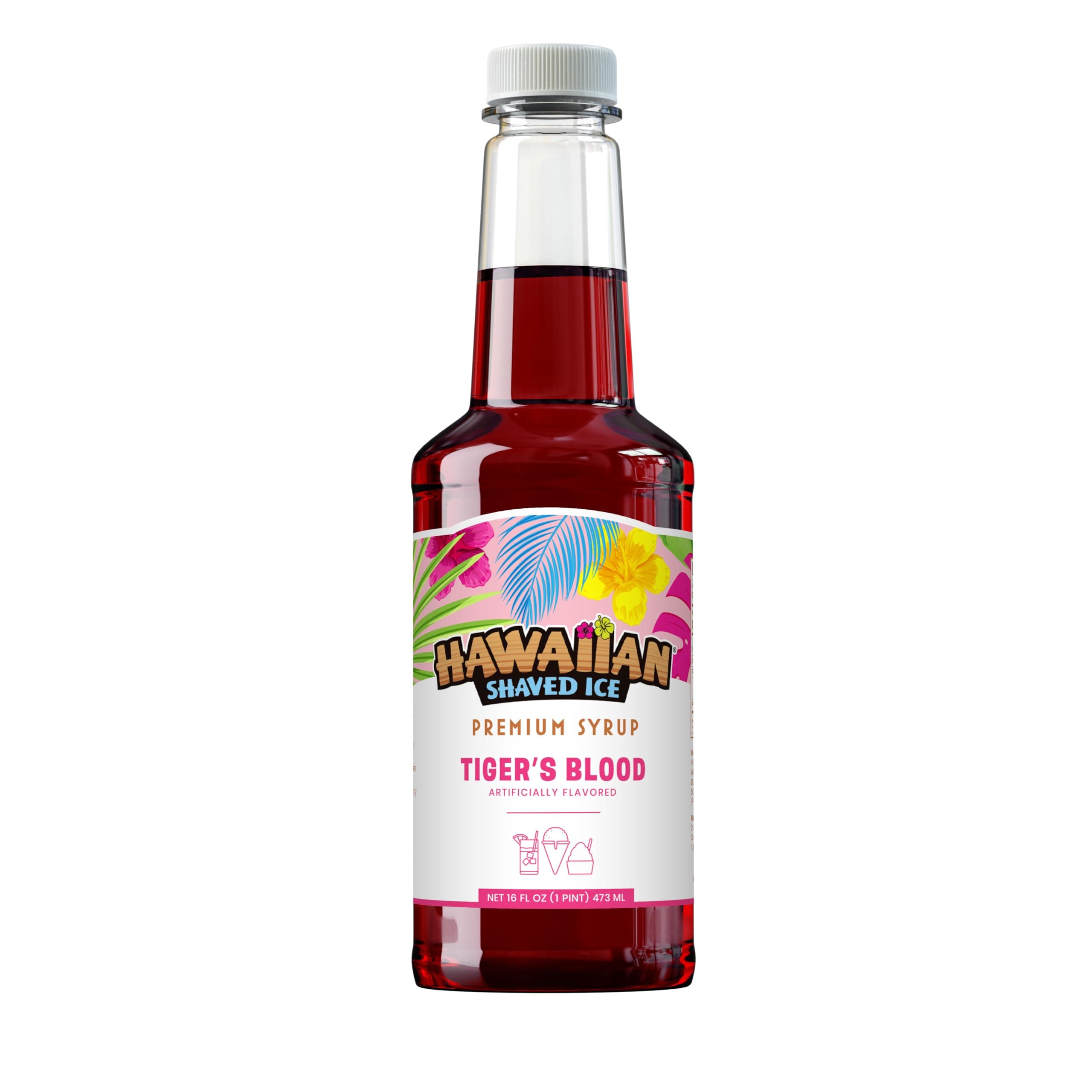 Hawaiian Shaved Ice Syrup Pint, Tiger's Blood Flavor, Great For Slushies, Italian Soda, Popsicles, No Refrigeration Needed, Contains No Nuts, Soy, Wheat, Dairy, Starch, Flour, or Egg Products