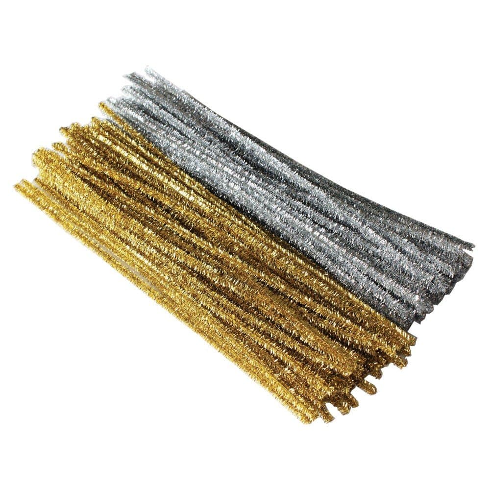 100 12" 30cm Sparkling Tinsel Stems Gold Silver Pipe Cleaners Christmas Crafts (Gold & Silver Mixed)