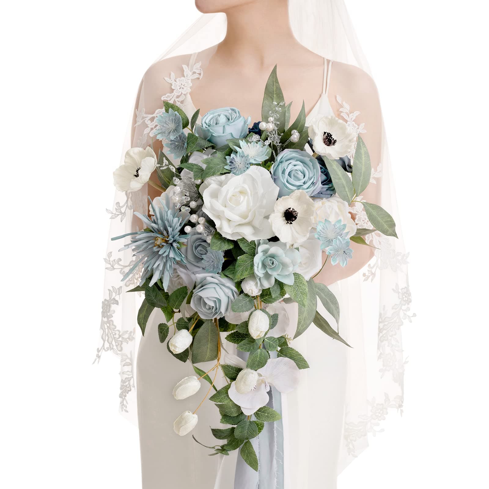 Ling's moment Dusty Blue Bridal Bouquet Cascading, Wedding Bouquets for Bride, 15 Inch Bride Bouquets for Wedding Artificial Flowers Bouquets