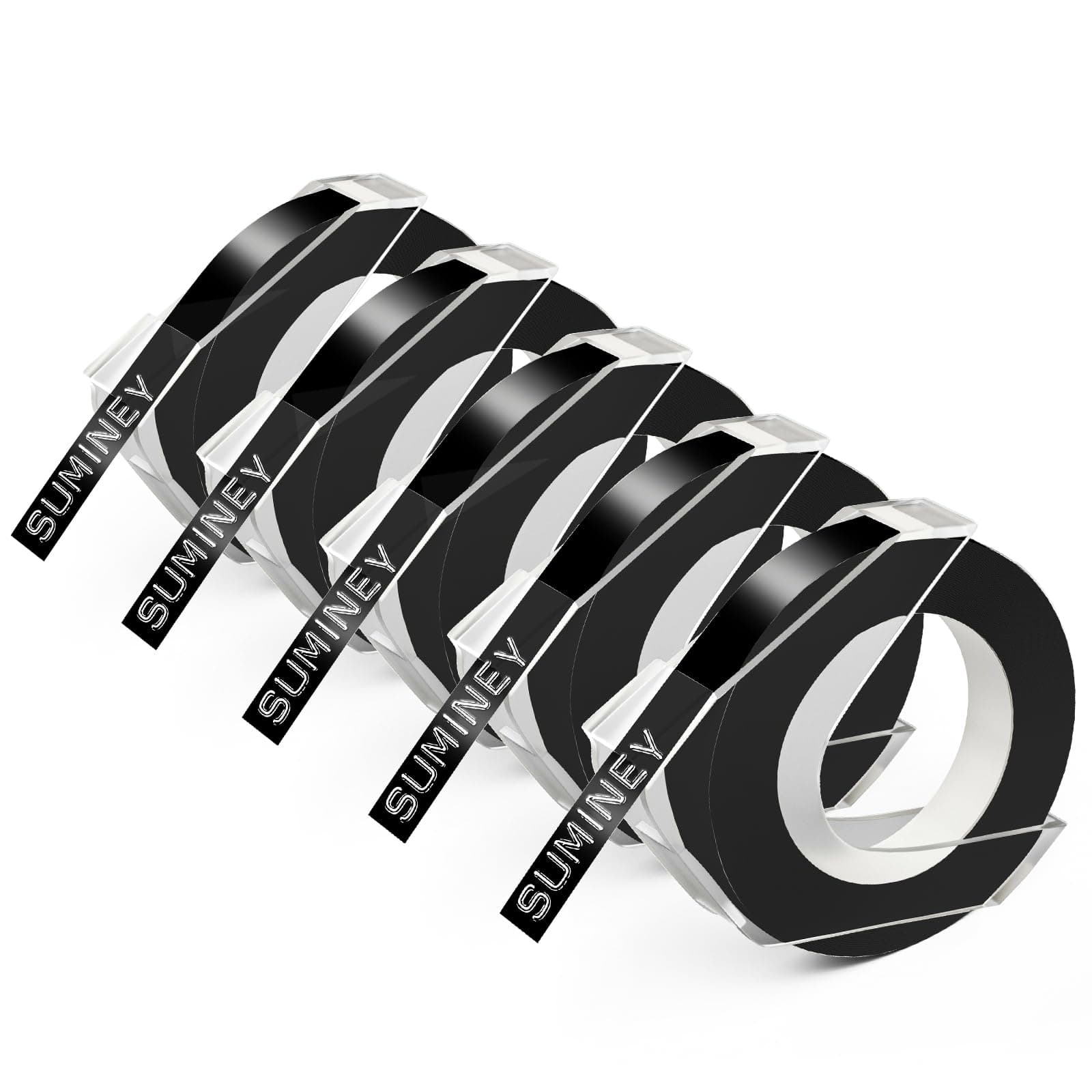 Compatible with Dymo Embossing Label Maker Refills, Suminey Black 3D Plastic Embossing Label Tape for Organizer Xpress Pro 12965 12966 Office Mate II 1540 154000, 3/8 Inch X 9.8 Feet,5-roll Pack
