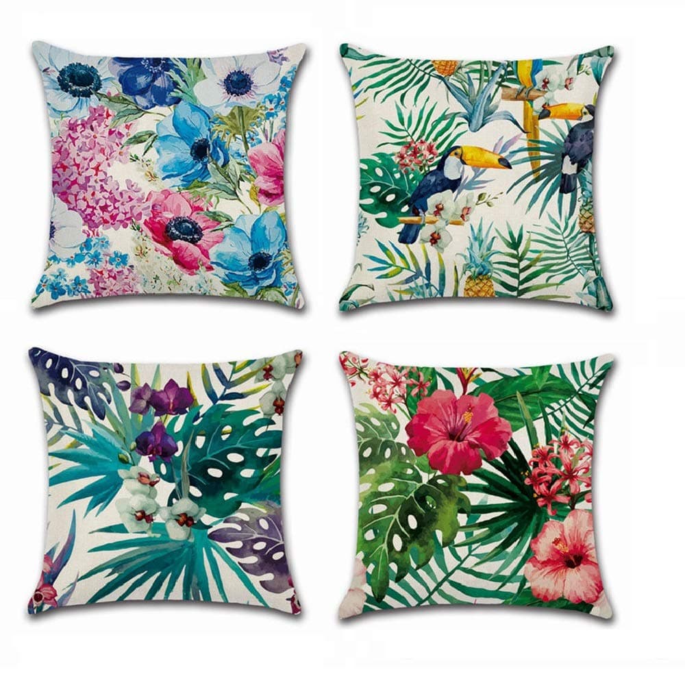 BoomTeck Throw Pillowcase Cushion Covers 45cm x 45cm, 4 Pcs Decorative Pillow Cover Cotton Linen Vintage Pillow Cases Bedroom Sofa Car Home Decor Square Pillow Covers 18x18 Inch Tropical Flower Leaf