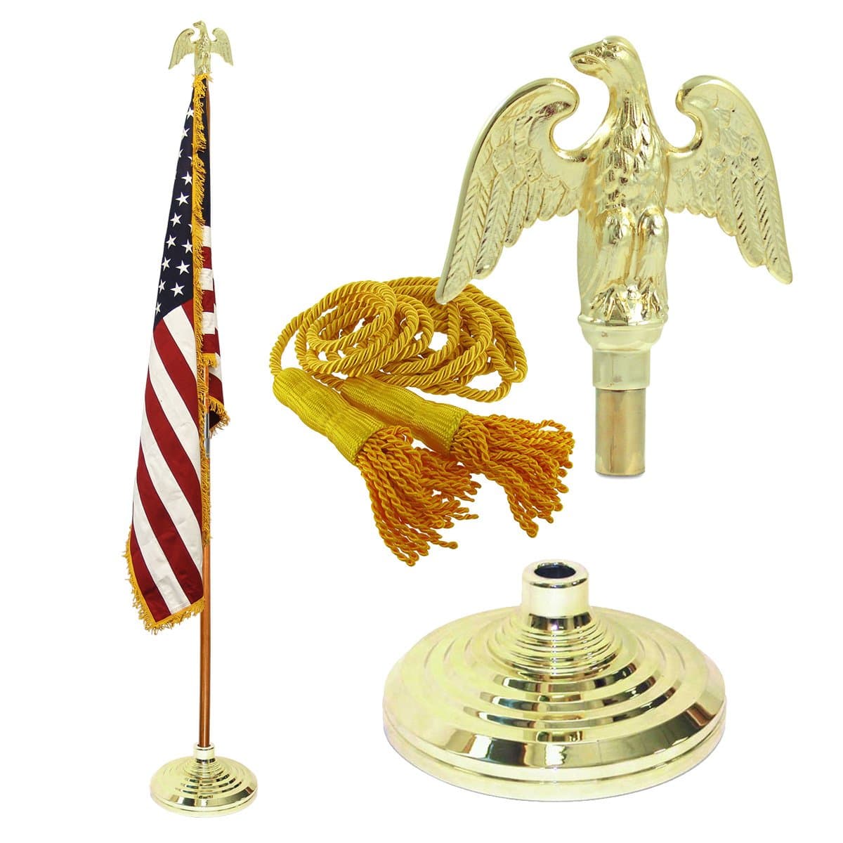 Indoor American Cotton Flag, Flagpole, Base & Tassel (Metal Eagle, 7 Ft Oak Pole)