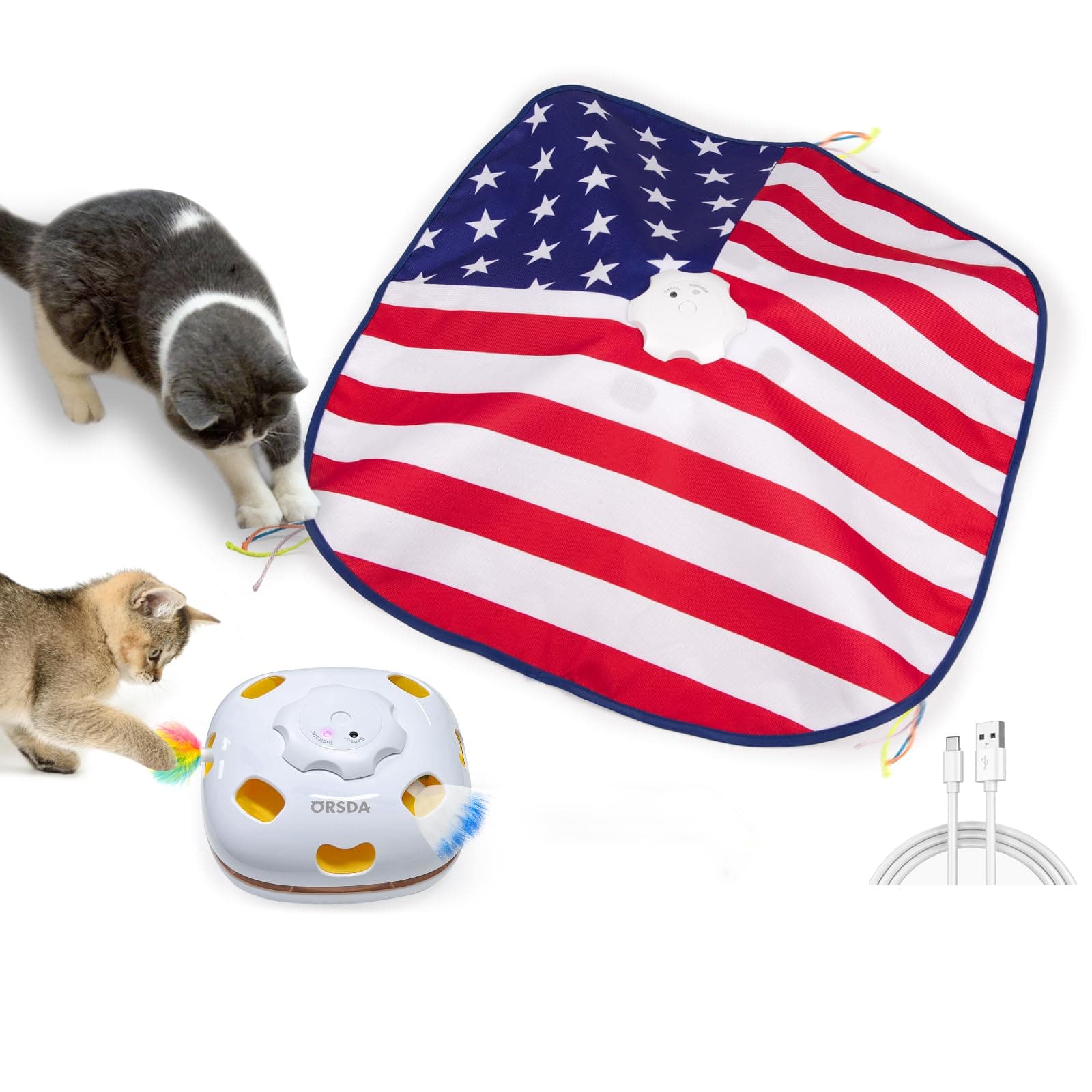 ORSDA Interactive Cat Toys for Indoor, 4 in 1 Automatic Cat Toy for Kitten, Rechargeable Smart Teaser Toys, Moving Ambush Feather, 8 Holes Mice Whack-A-Mole, Hide the Seek