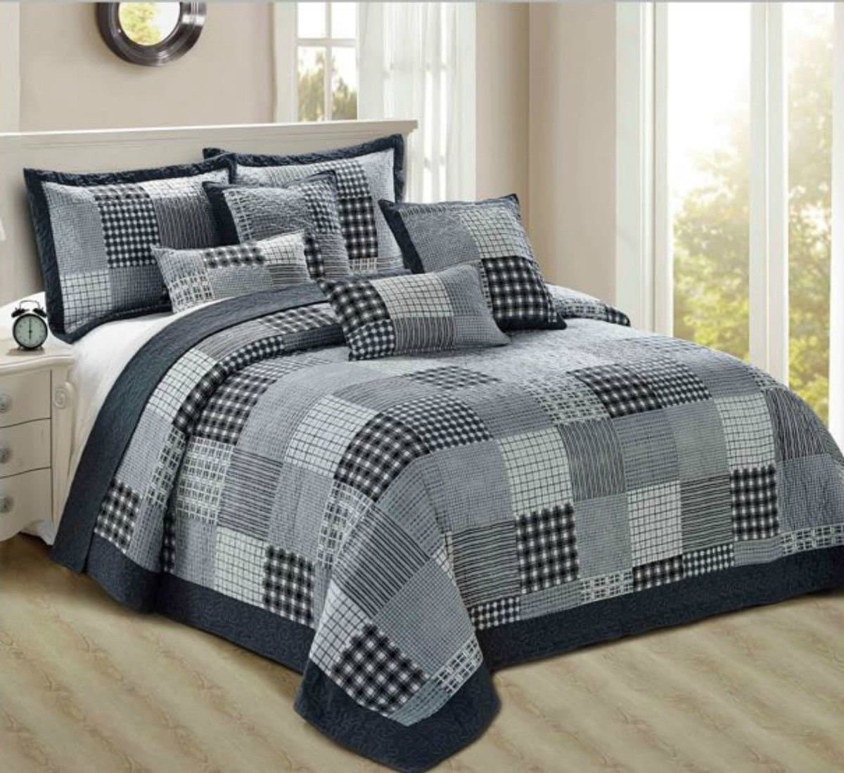House of WindsorBeautiful Check Vintage Patchwork Quilted Bedspread/Throw with 2 Pillow Shams (Check) (King)