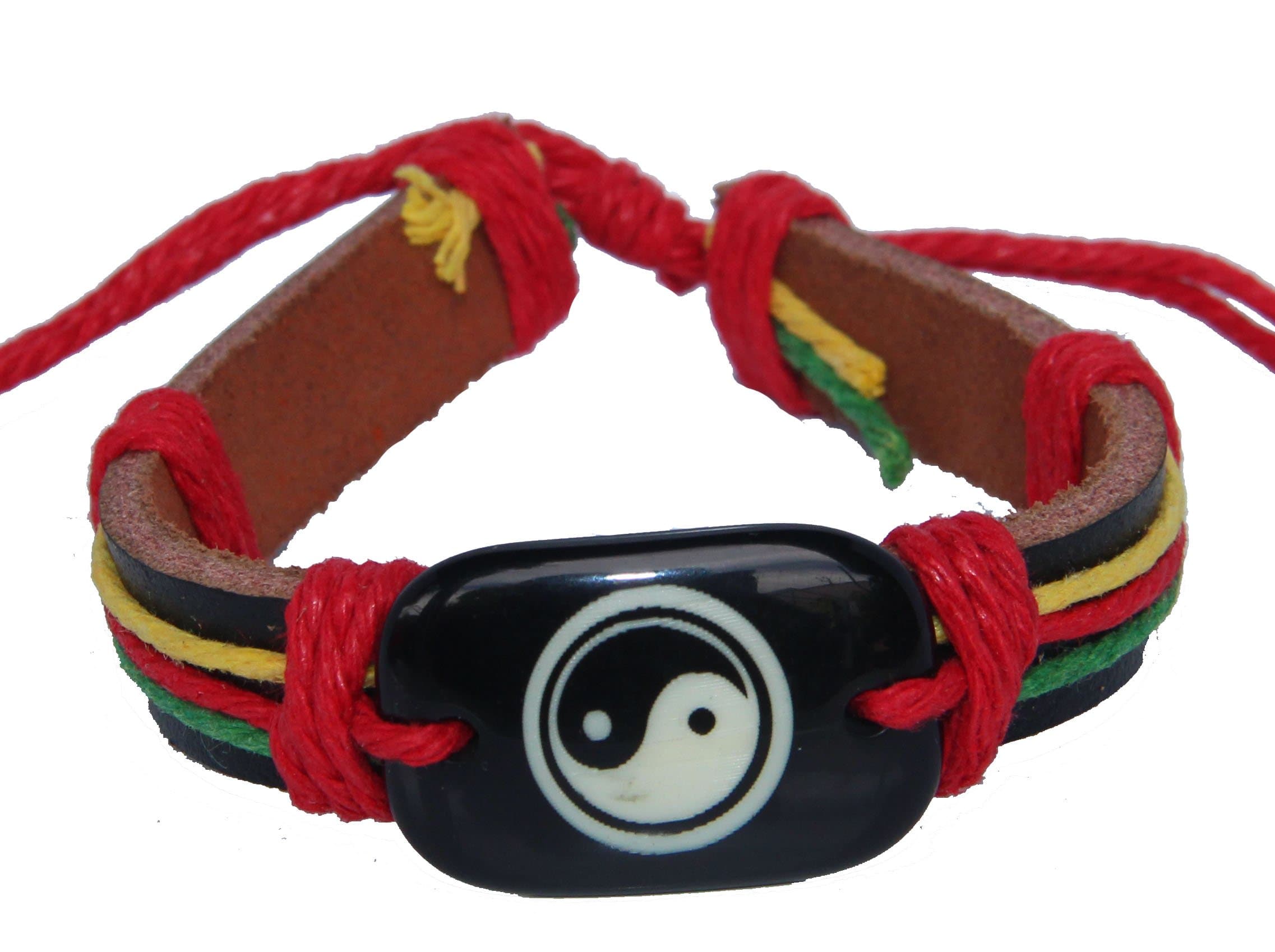 Leather Bracelet Yin Yang Mens Bracelet Rasta Cotton Cord Size Adjustable (B10024)