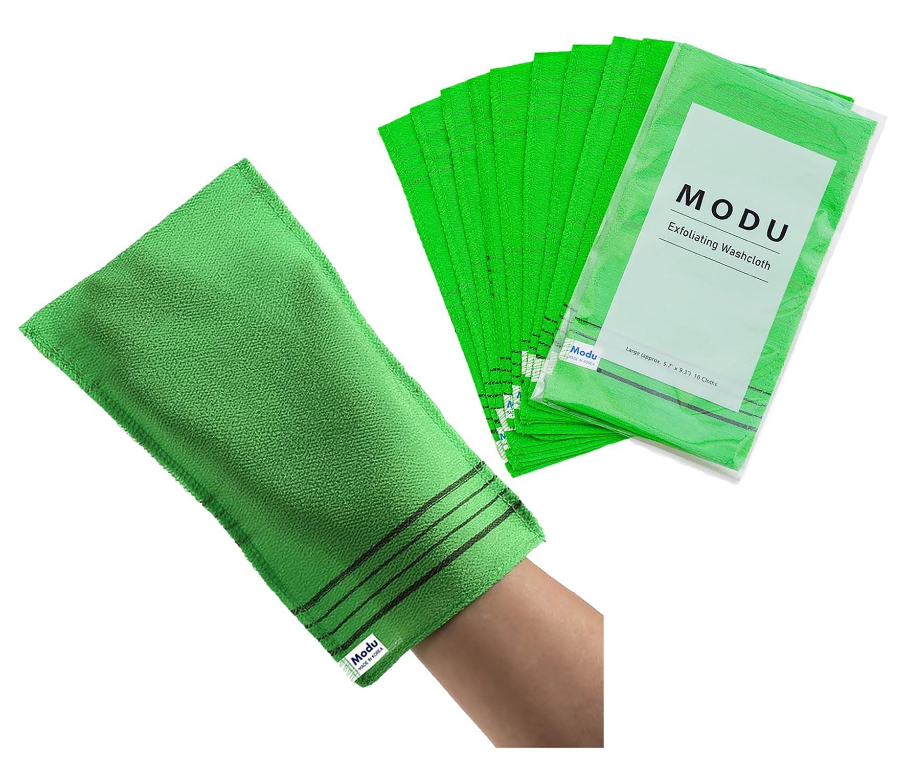 Modu Korean Exfoliating Mitts Large 10PCS (Green) – Exfoliating Gloves Body Scrubber Italy Towel Washcloth for Korean Spa at Home, Dead Skin Remover, 100% Vegan Viscose