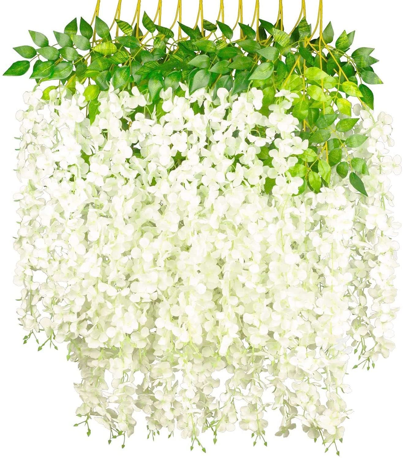 Nyganmelloz Artificial Flowers for Decoration, 12 Pcs Silk Wisteria, Bushy Silk Vine Ratta Hanging, Artificial Plants Indoor Outdoor for Wedding Party Garden, White