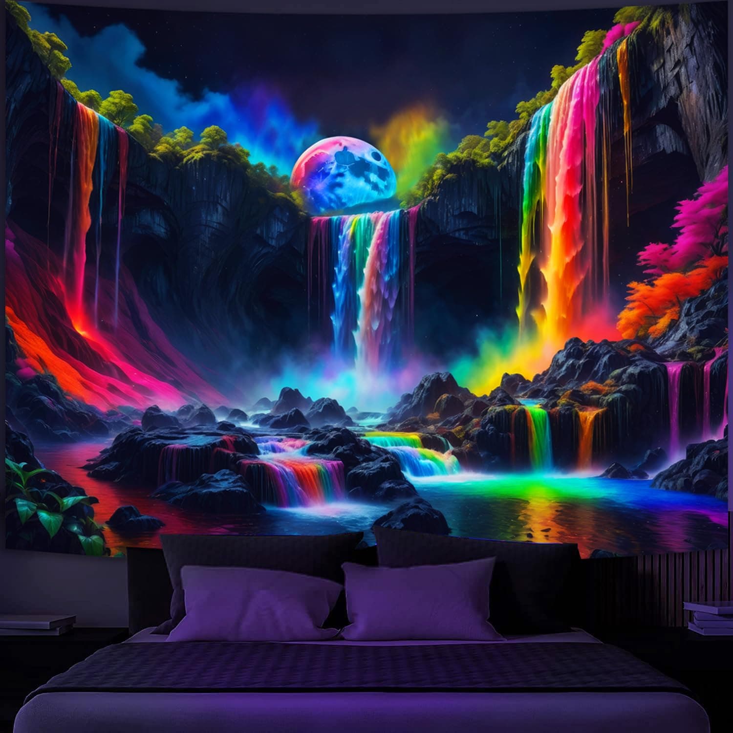 Simpkeely Blacklight Fantasy Waterfall Planet Tapestry UV Reactive Nature Tapestries Neon Landscape Mountain Wave Tapestry Wall Hanging - 150 x 130cmestry Wall Hanging - 150 x 130cm