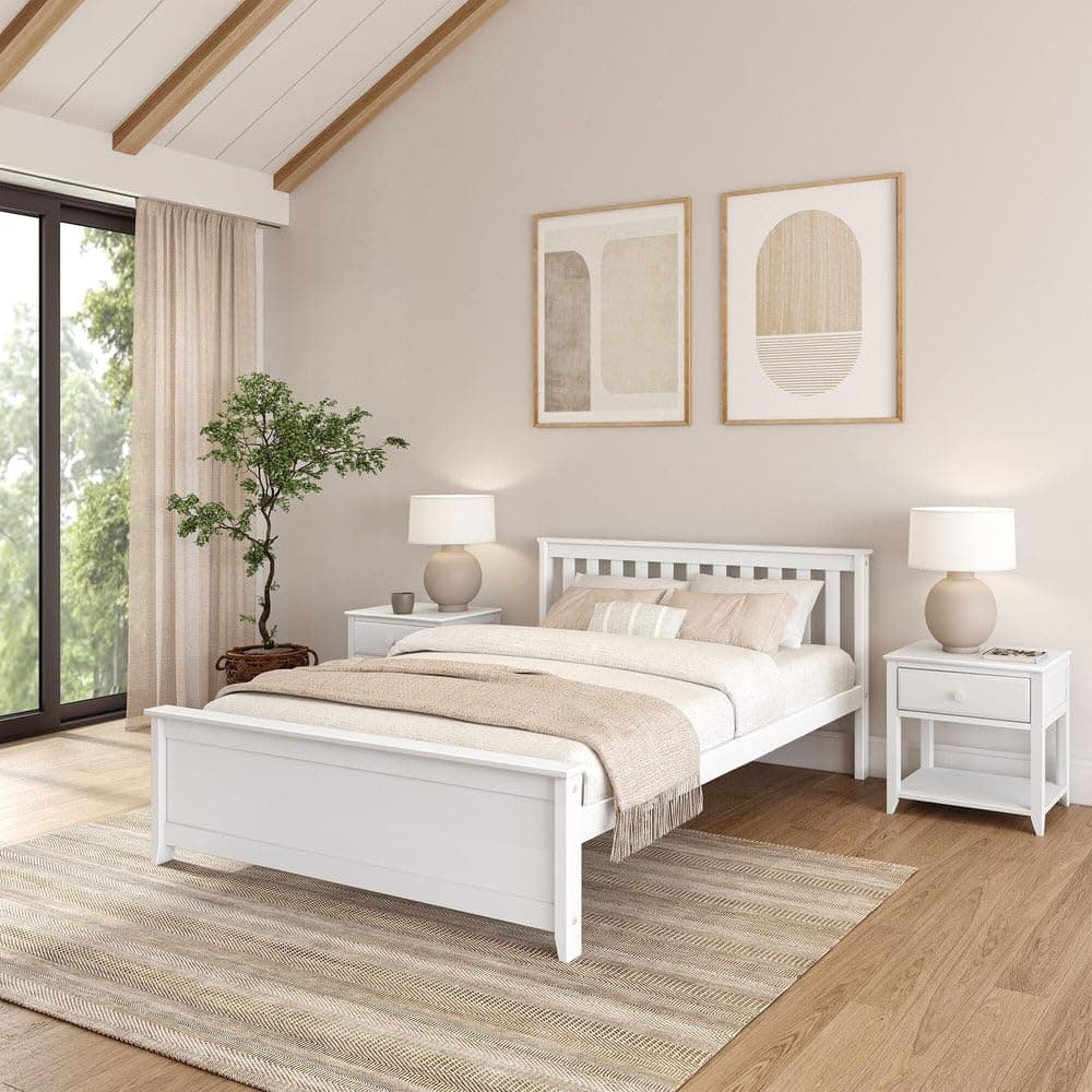 Plank+Beam Solid Wood Queen Bed Frame, Platform Bed with Headboard, White