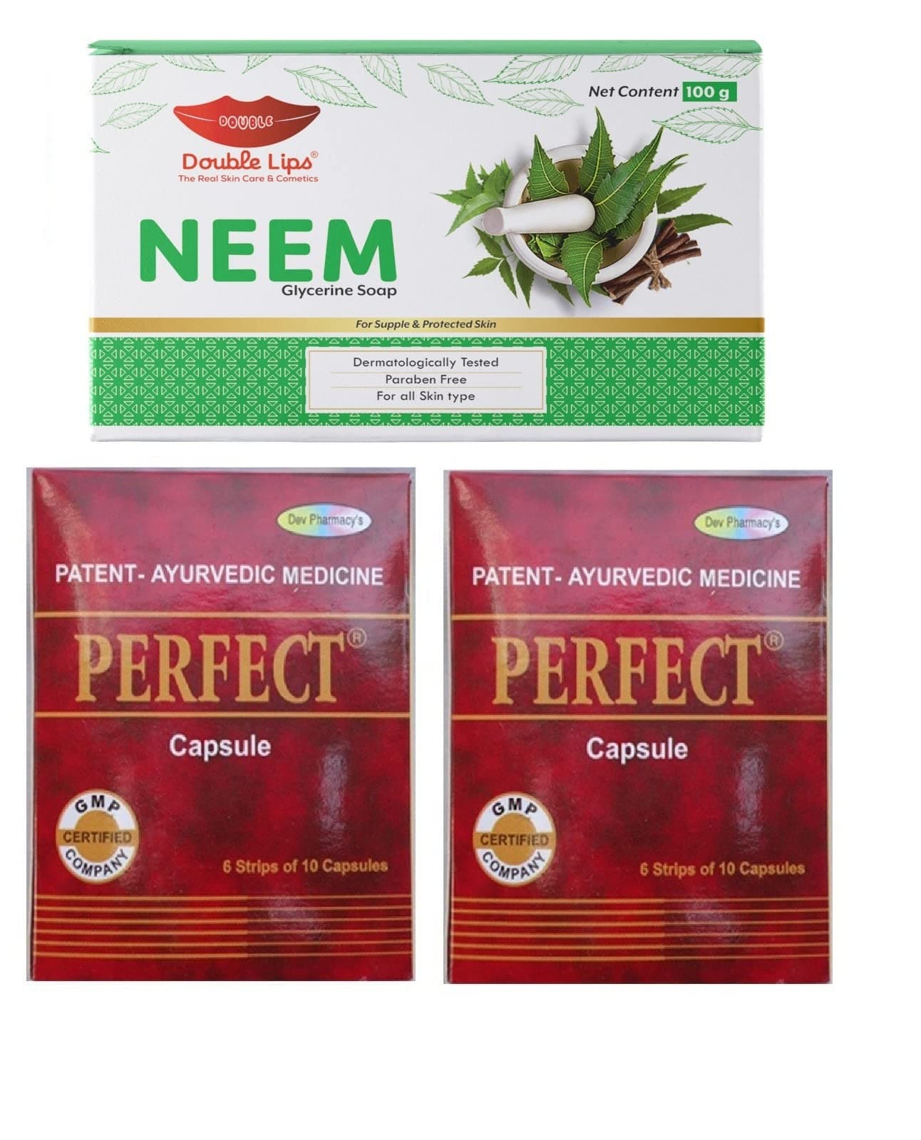 Double Lips PERFECT Healtj Capsules Patent Ayurvedic medicine (2 Pack) and Neem Glycerine soap for All Skin Type