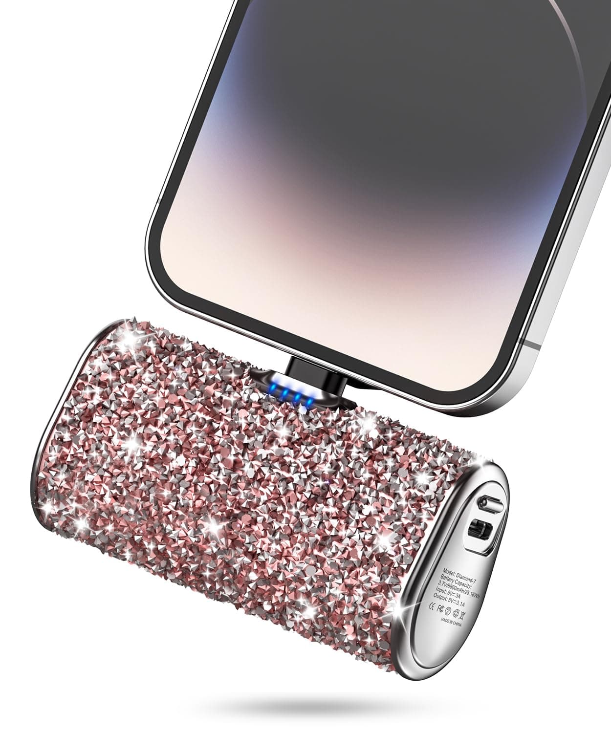 Bling Small Portable Charger, Power Bank, 6800mAh Ultra Compact Cute Shining Battery Pack 5V3.1A Fast Charger Built-in iOS Connector and Flashlight for iPhone 14 Series to iPhone 5 Series(Pink)