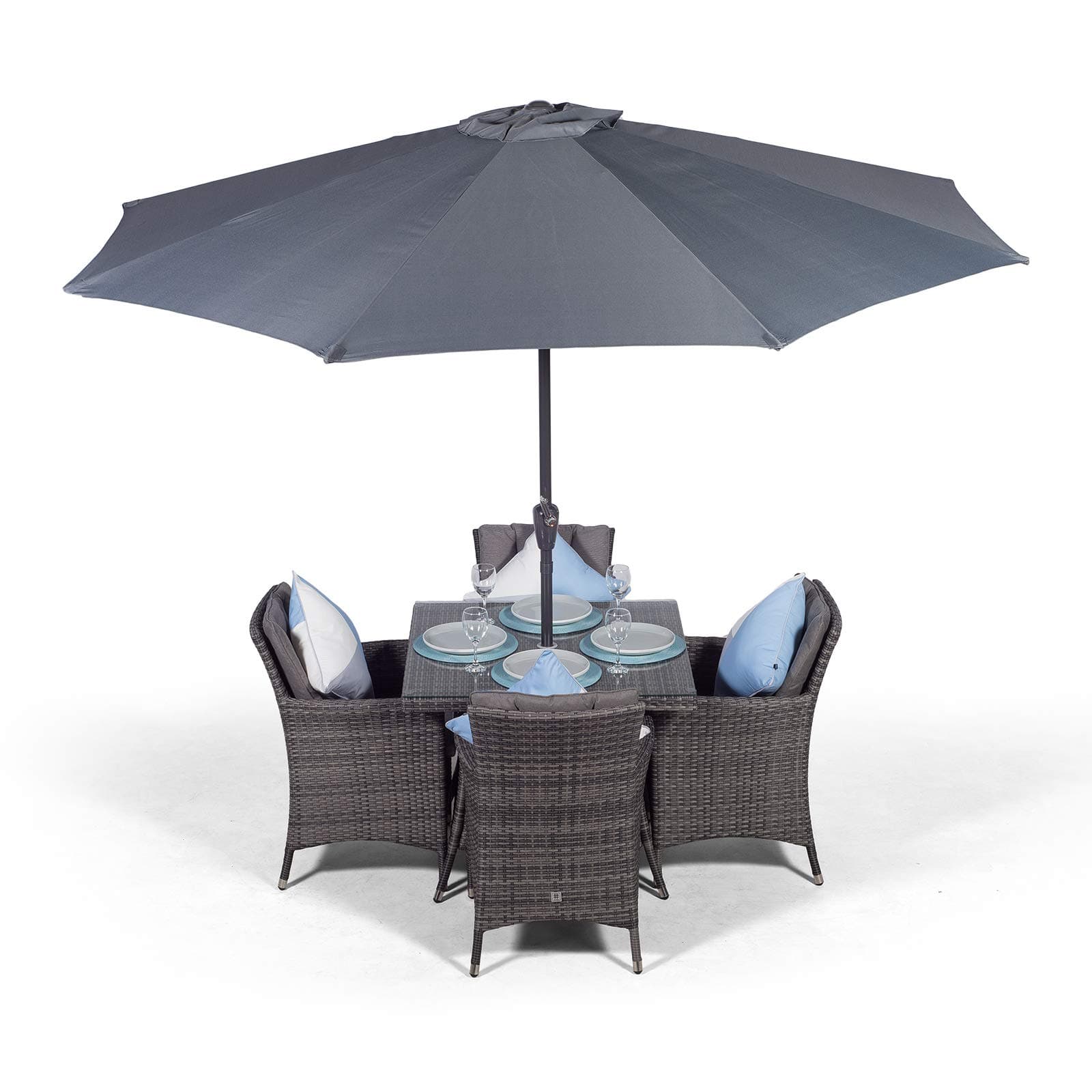 Savannah Rattan Dining Set | Luxury Square 4 Seater Grey Rattan Dining Set | Outdoor Poly Rattan Garden Table & Chairs Set | Wicker Garden Dining Set with Parasol & Cover