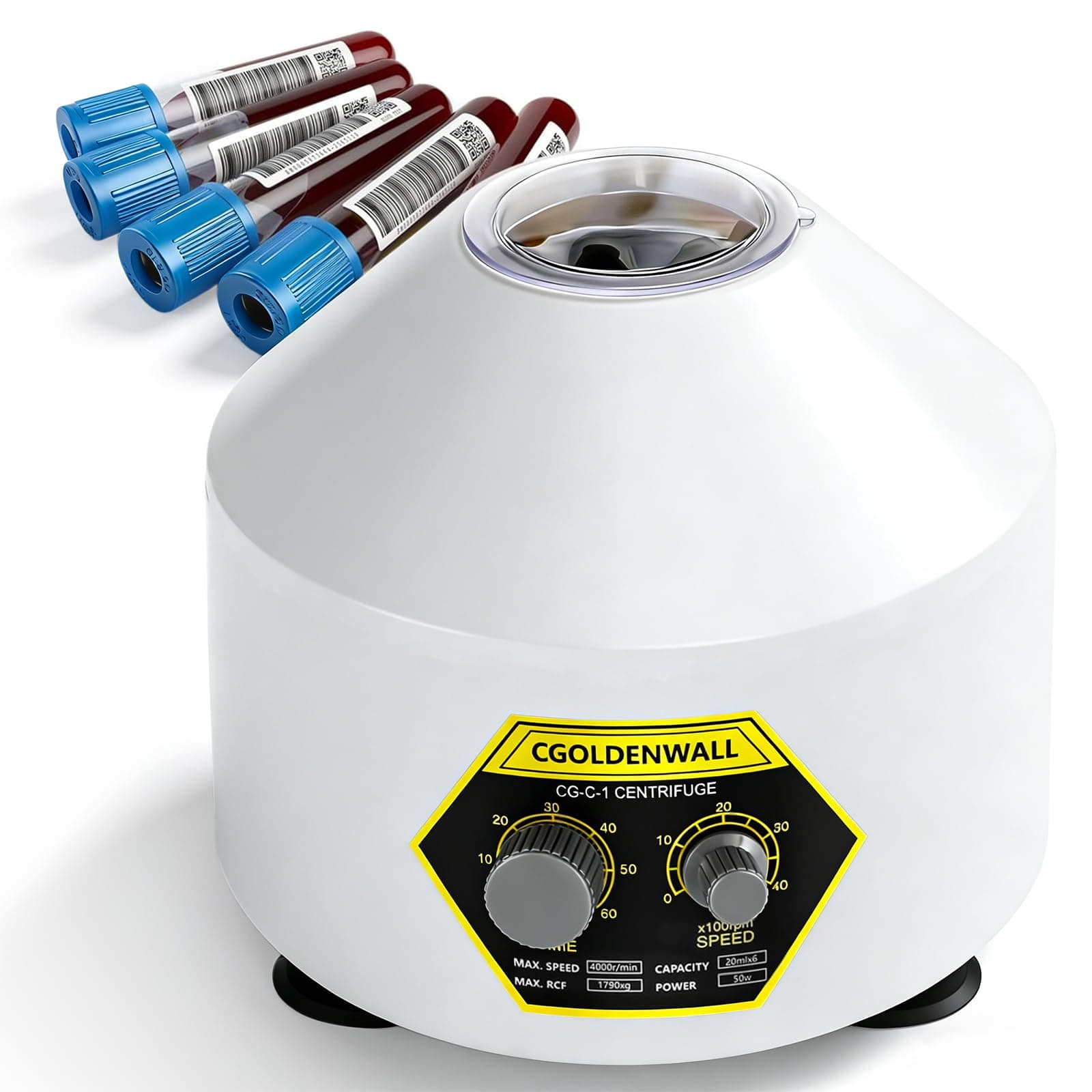 CGOLDENWALL Lab Centrifuge 6*20ml with Transparent Lid, 4000rpm Speed, 60min Timer, 1790xg RCF for Separation of Samples& Qualitative Analysis 5/7/10ml Vacutainer & 10/15ml Centrifuge Tubes Available