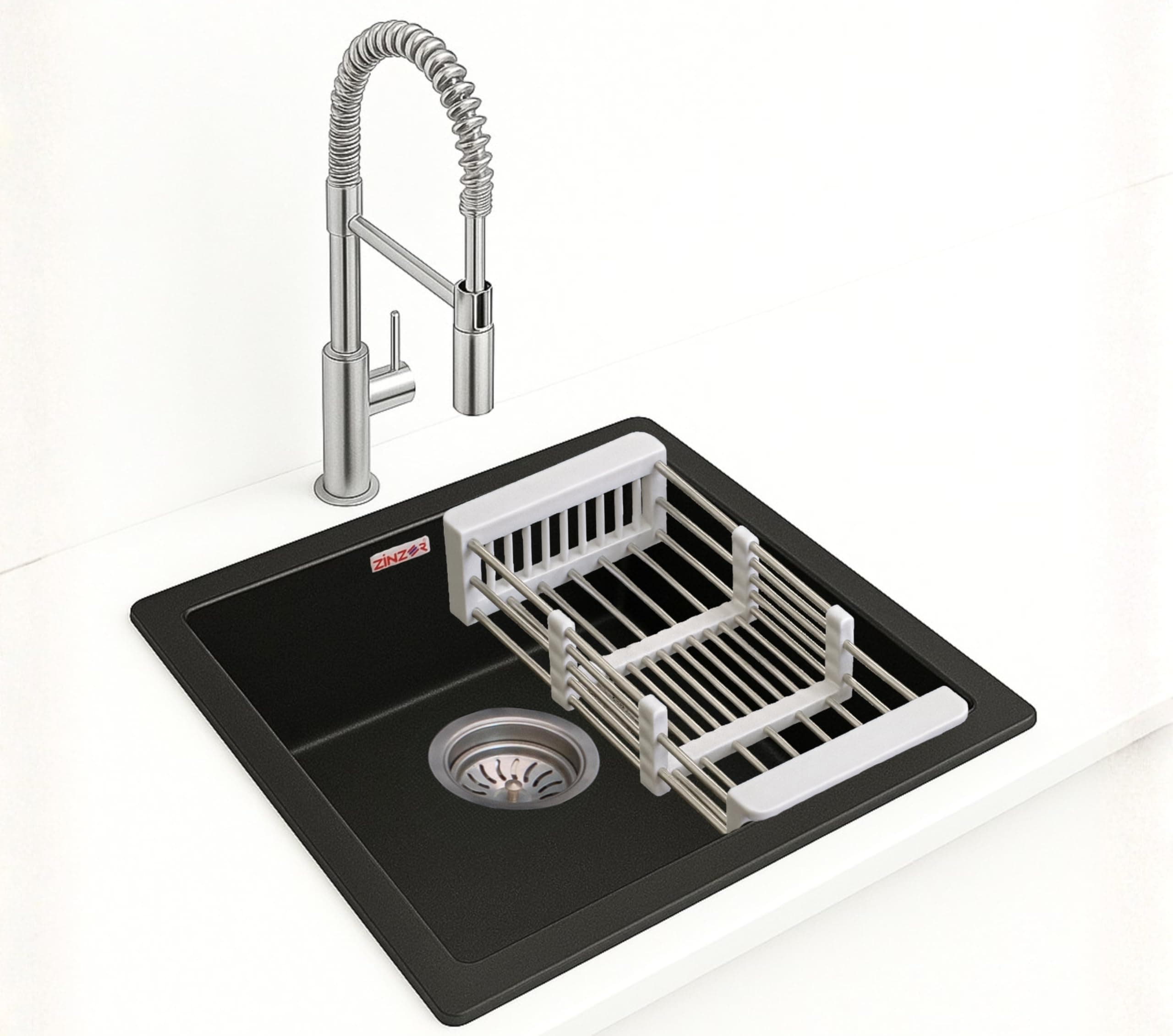 Granite Quartz Kitchen Sink (16x18x8, Midnight Black) | Undermount, Topmount & Flushmount Single Bowl | UV Protected, Scratch & Heat Resistant, 10 Year Warranty | With Coupling, Pipe & Basket