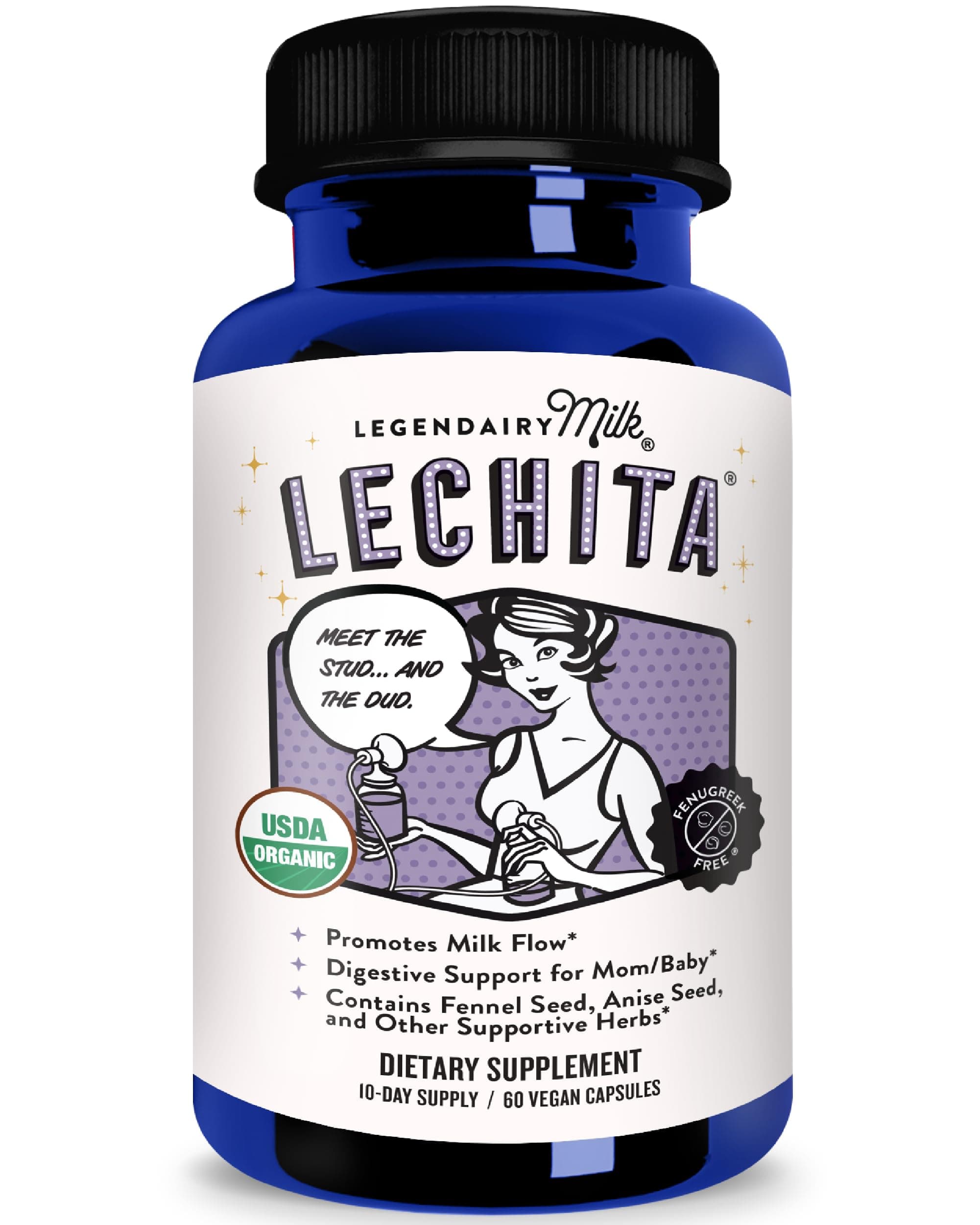 Lechita, Supports Milk Flow, Organic Fenugreek Free Breastfeeding Supplement, Organic Fennel & Anise, Made in USA, 60 Vegan Capsules