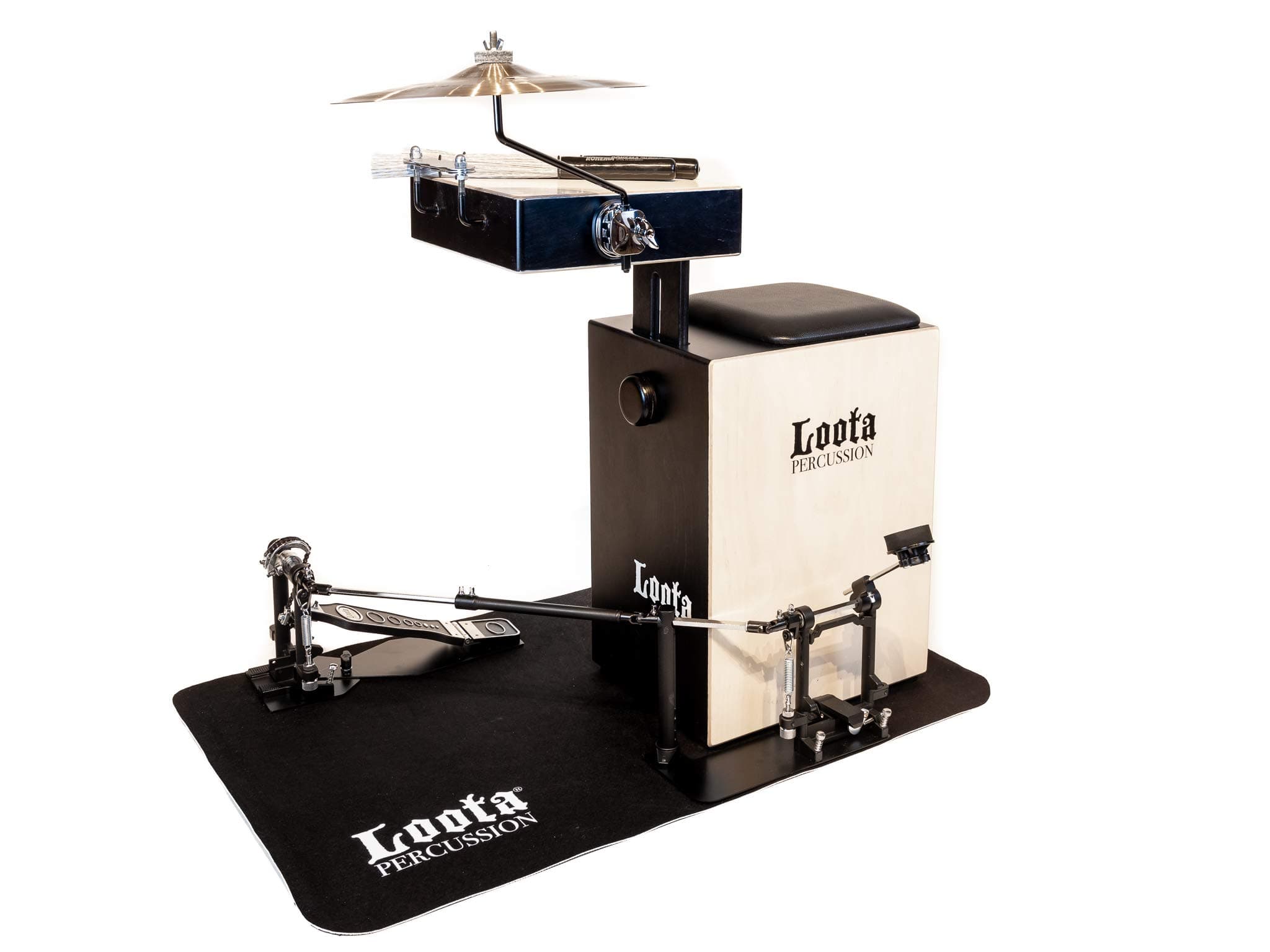 Loota Percussion from Finland. Unique Cajón-style, Birch Wood Complete Percussionist Set with Bass, Snare & Crasher plus Pedal, Cymbal, Brushes and Non-slip Mat. Designed in Finland. (Coal Black)