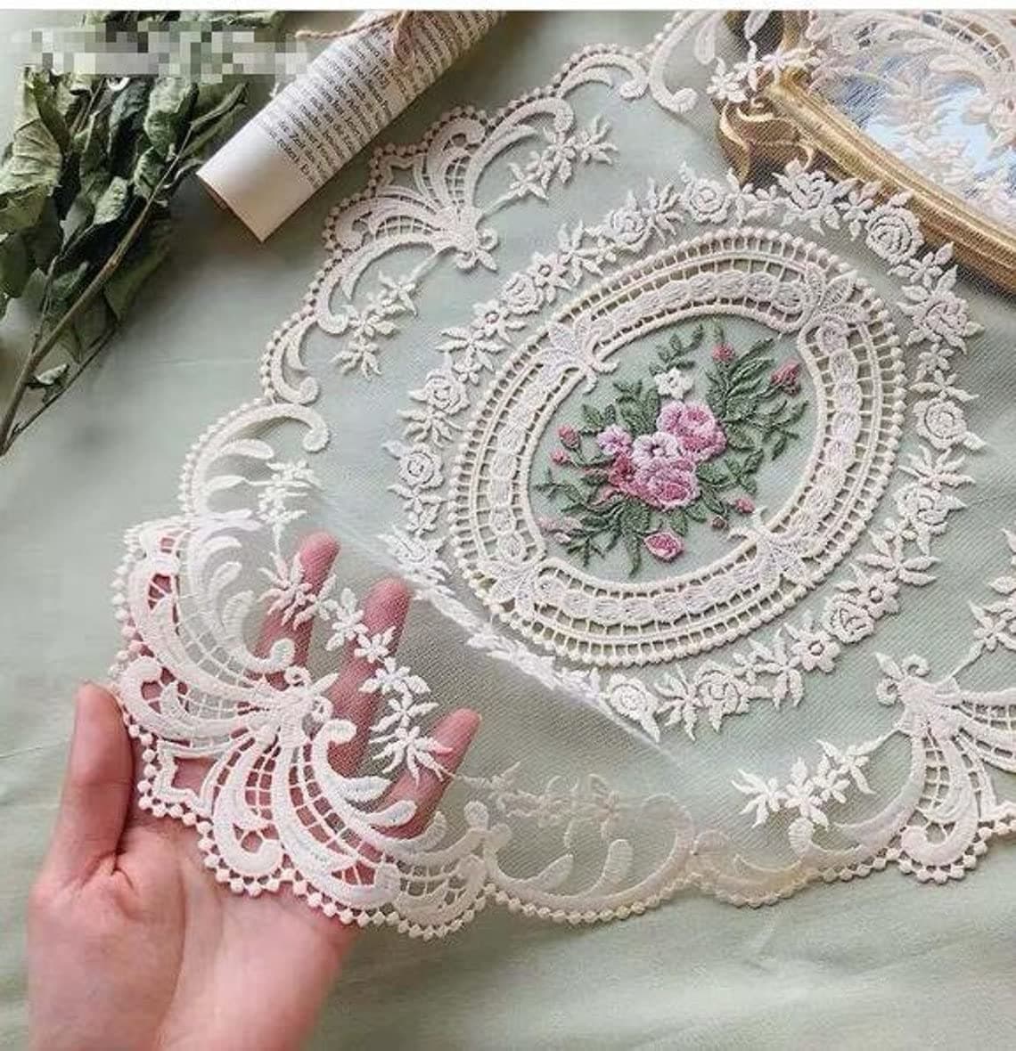 Fiygor Polyester 2Pack Retro Lace Placemats, French Crochet Doilies, Handmade Embroidered Table Mats, 12X16-In Beige Place Mats Cup Mat