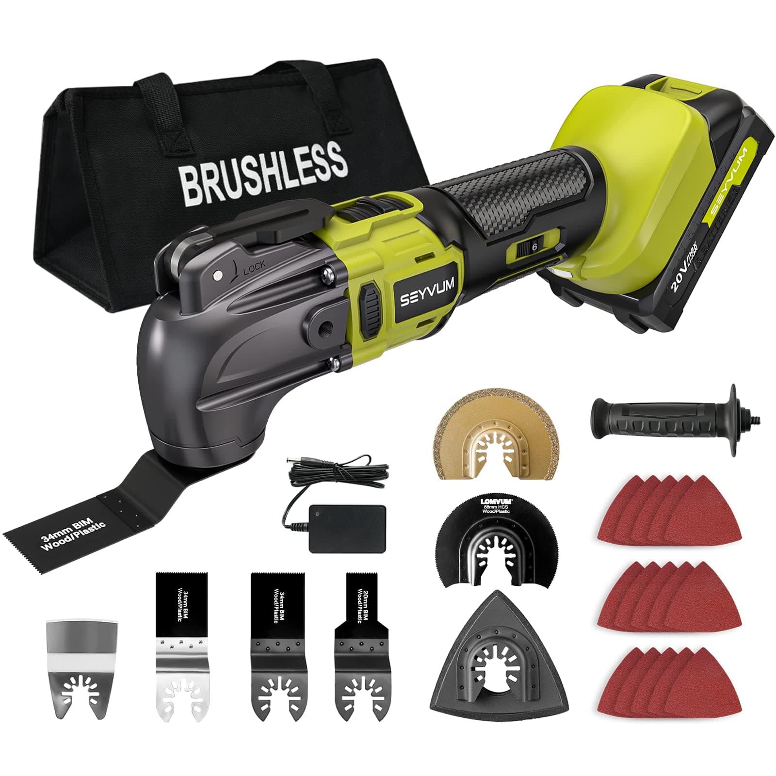 Oscillating Tool Kit, SEYVUM Brushless & Cordless Oscillating Saw With Max 20500 OPM, 4°Oscillating Angle, 6-Variable Speed, 20V Battery Powered & 22 Pcs Accessories Multi-Tool for Cut/Grind/Scraping