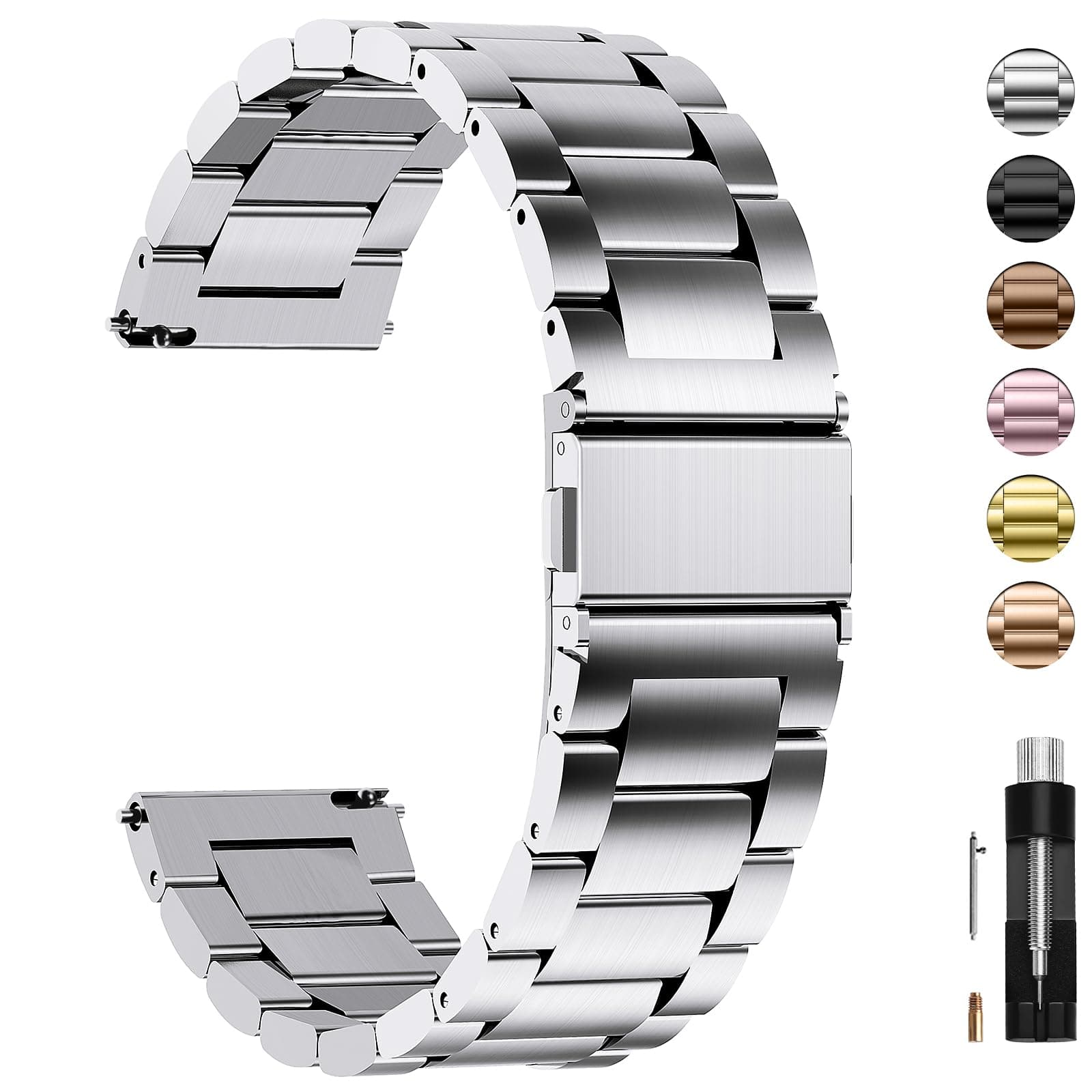 Fullmosa Watch Band, Quick Release Stainless Steel Replacement for Men Women, Metal Chain Watch Strap Width 16mm 18mm 19mm 20mm 22mm 24mm, Silver, 20mm