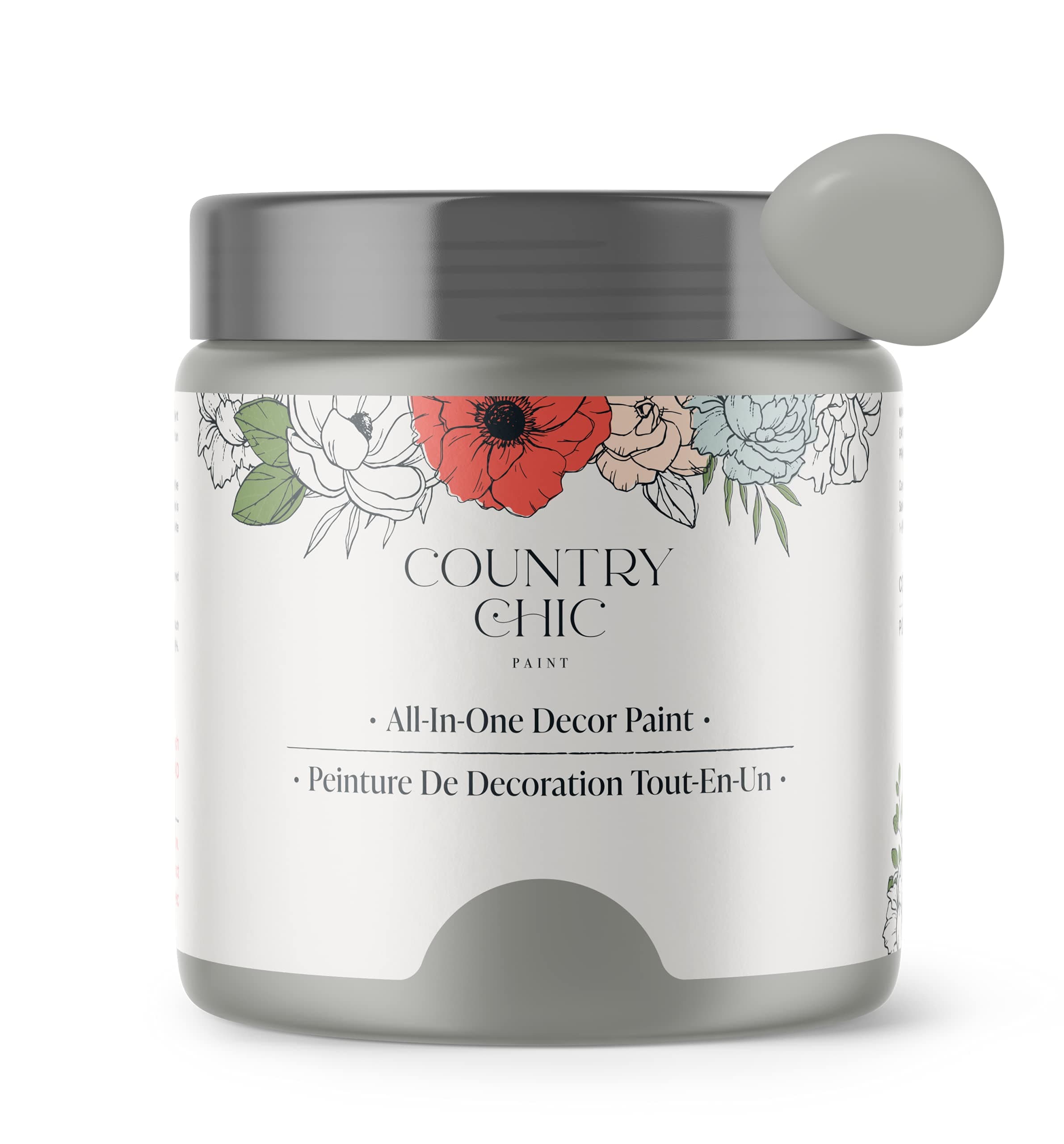 Country Chic All-in-One Chalk Paint for Furniture, Cabinets, Home Decor, Eco-Friendly, Matte Finish, Built-In Primer & Top Coat for Wood, Metal - Pebble Beach (Grey) - Pint 16 oz (475 ml)