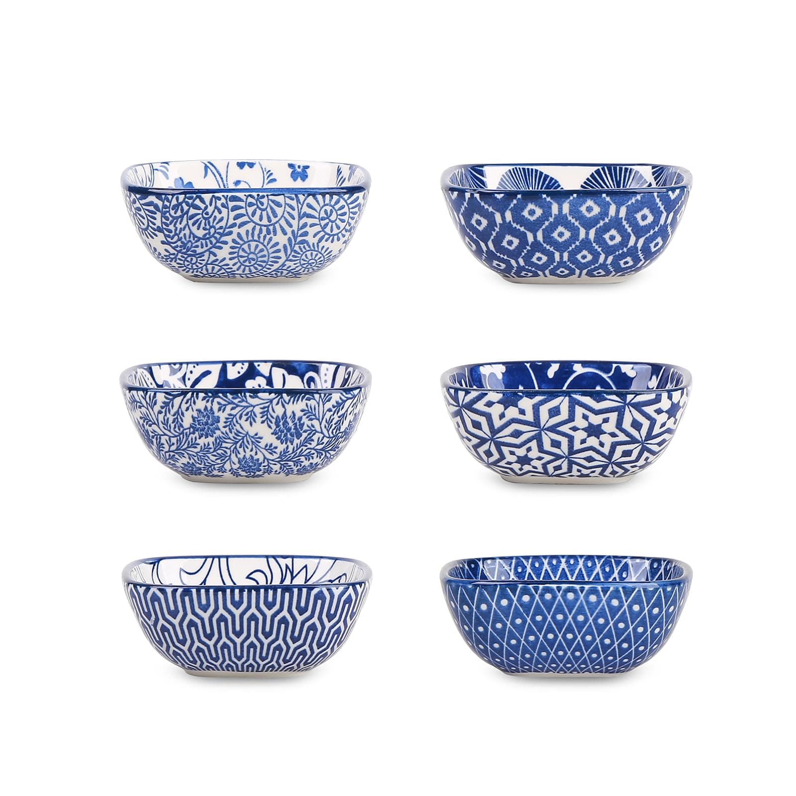 Selamica Ceramic 2.6 OZ Square Dipping Bowl Set, Soy Sauce Dish 3 inch Small Bowls for Ketchup Condiments Side Dish BBQ, Ramekins Oven safe, Stackable, Set of 6, Vintage Blue